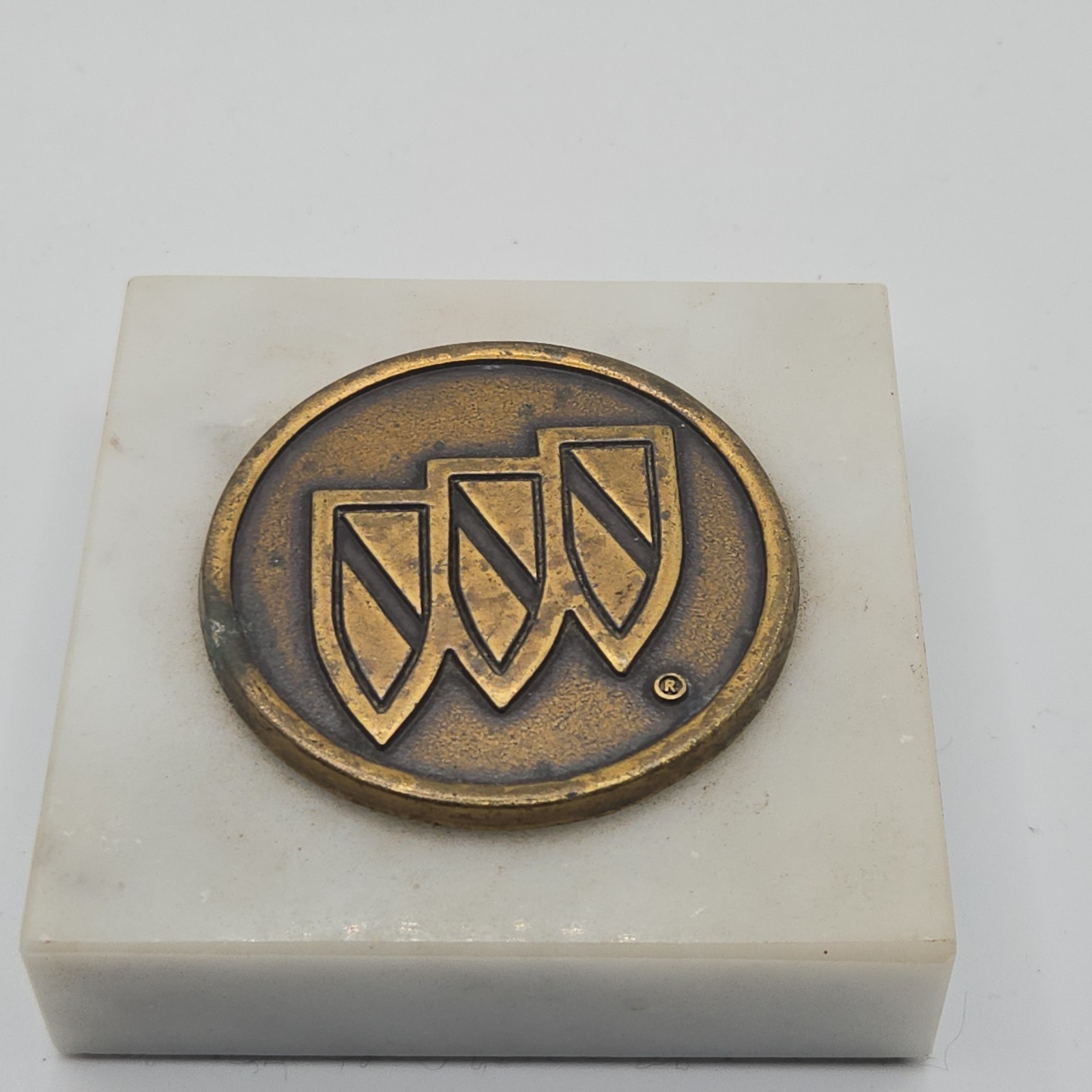 vintage BUICK Shields Logo Paperweight Bronze on Marble Mid Century Auto Promo
