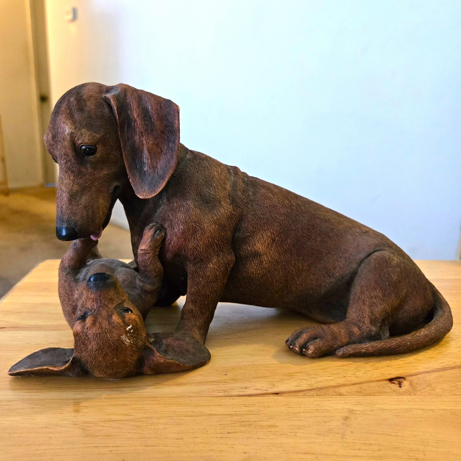 Danbury Mint Figurine Adult Dachshund with Puppy Playing Brown Sculpture