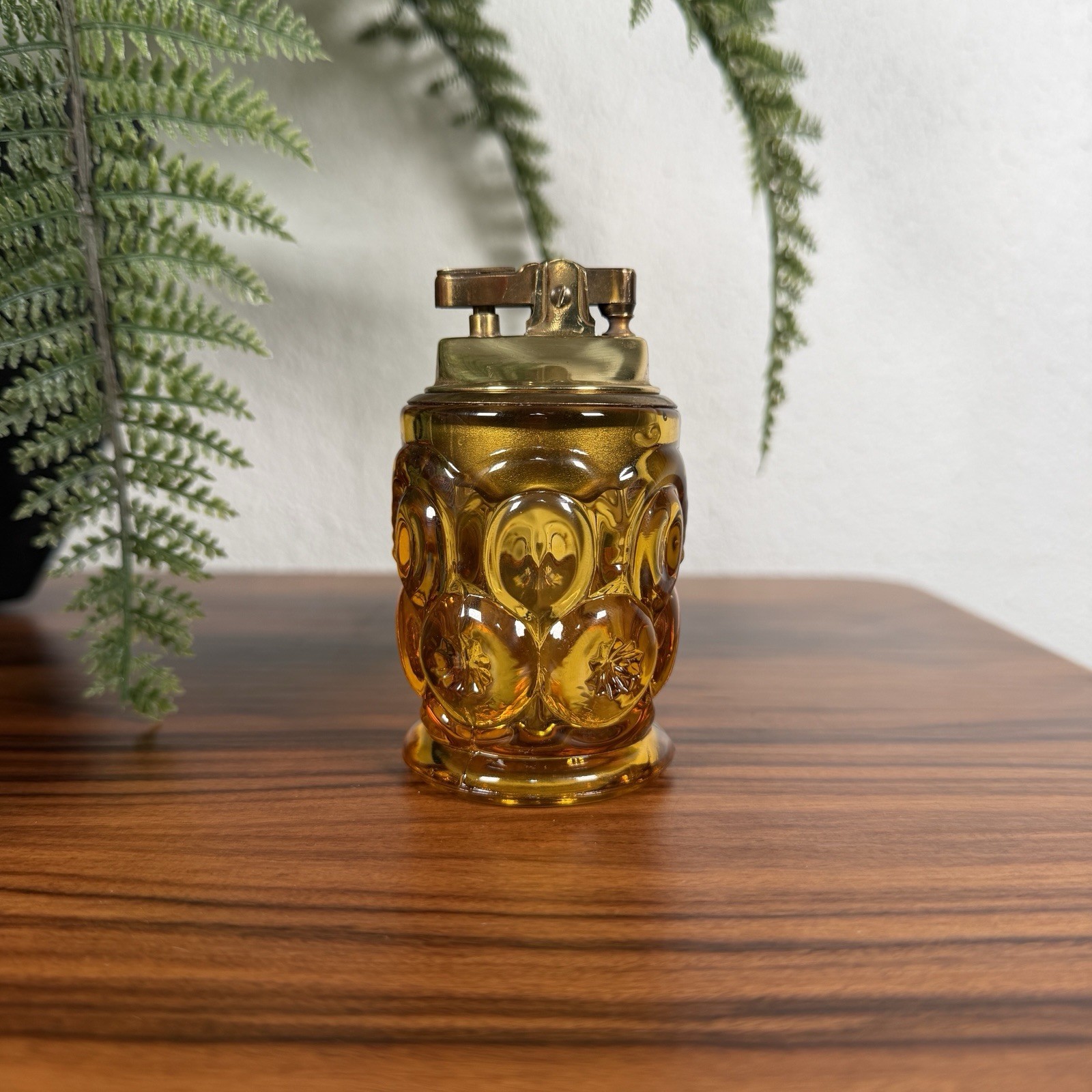 Vintage L.E. Smith Amber Glass Moon and Stars Table Lighter Working