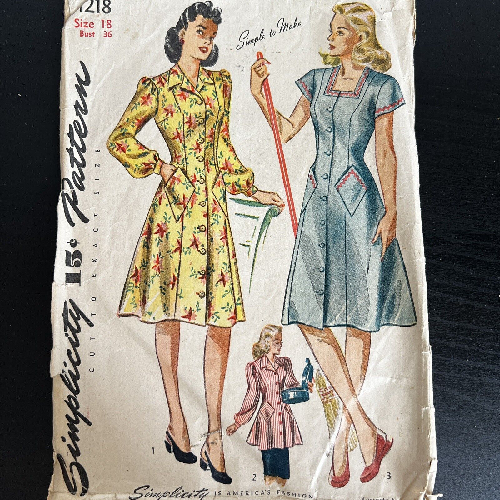 Vintage 1940s Simplicity 1218 Smock or House Dress Sewing Pattern 18 M/L USED