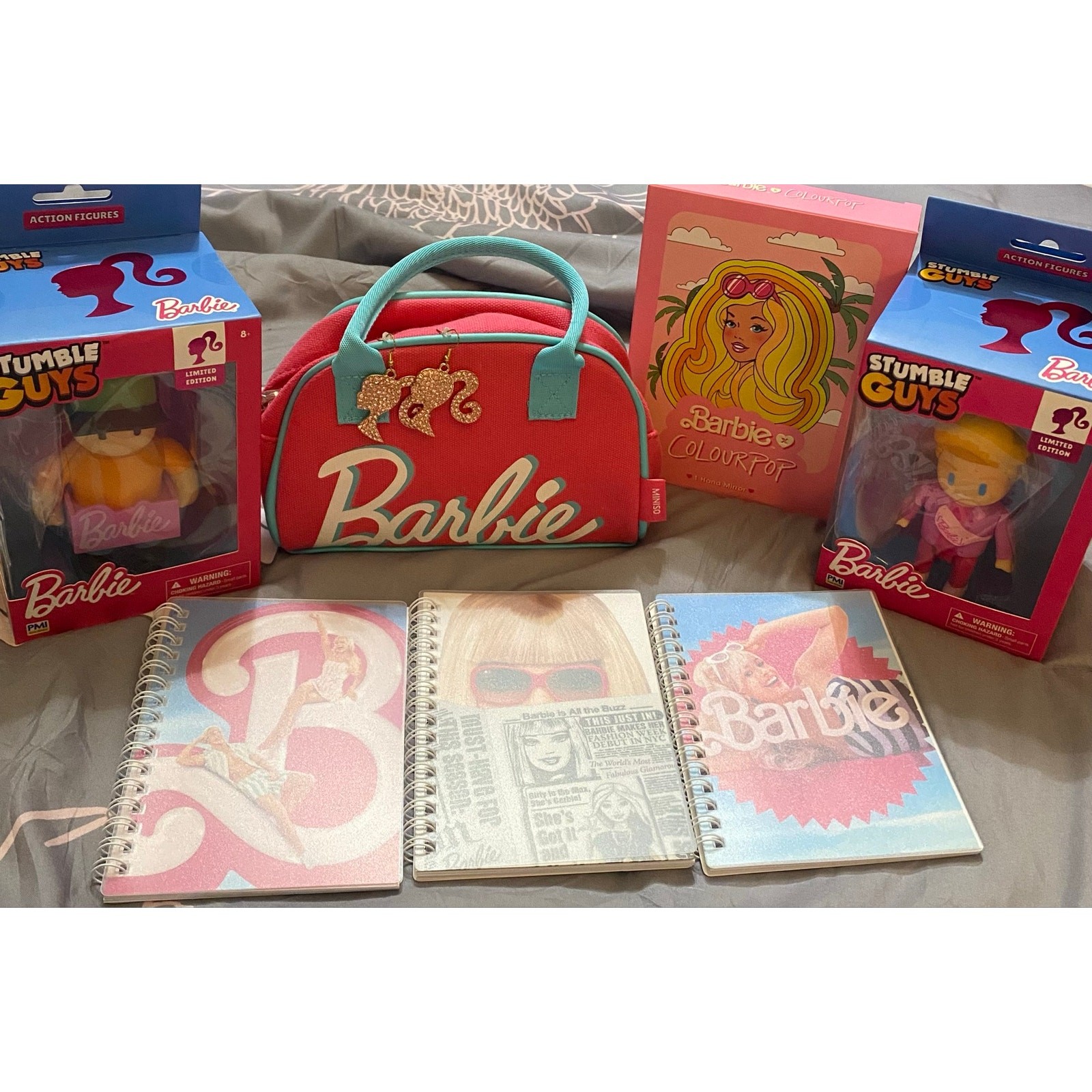 NEW 8-pc BARBIE Ken Bundle Stumble Guys Notebooks Earrings Bag Colourpop Mirror
