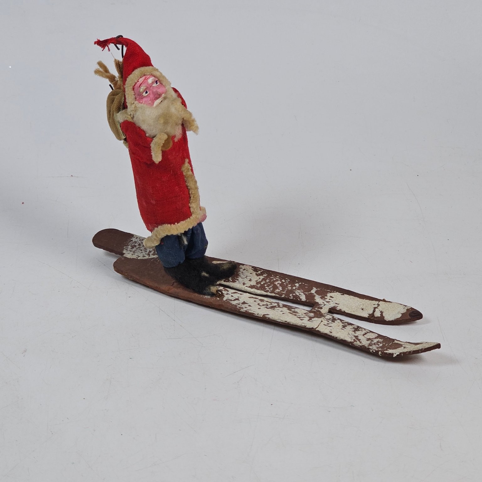 Vintage 1930s Clay Face Santa Claus on Skis Christmas Tree Ornament German