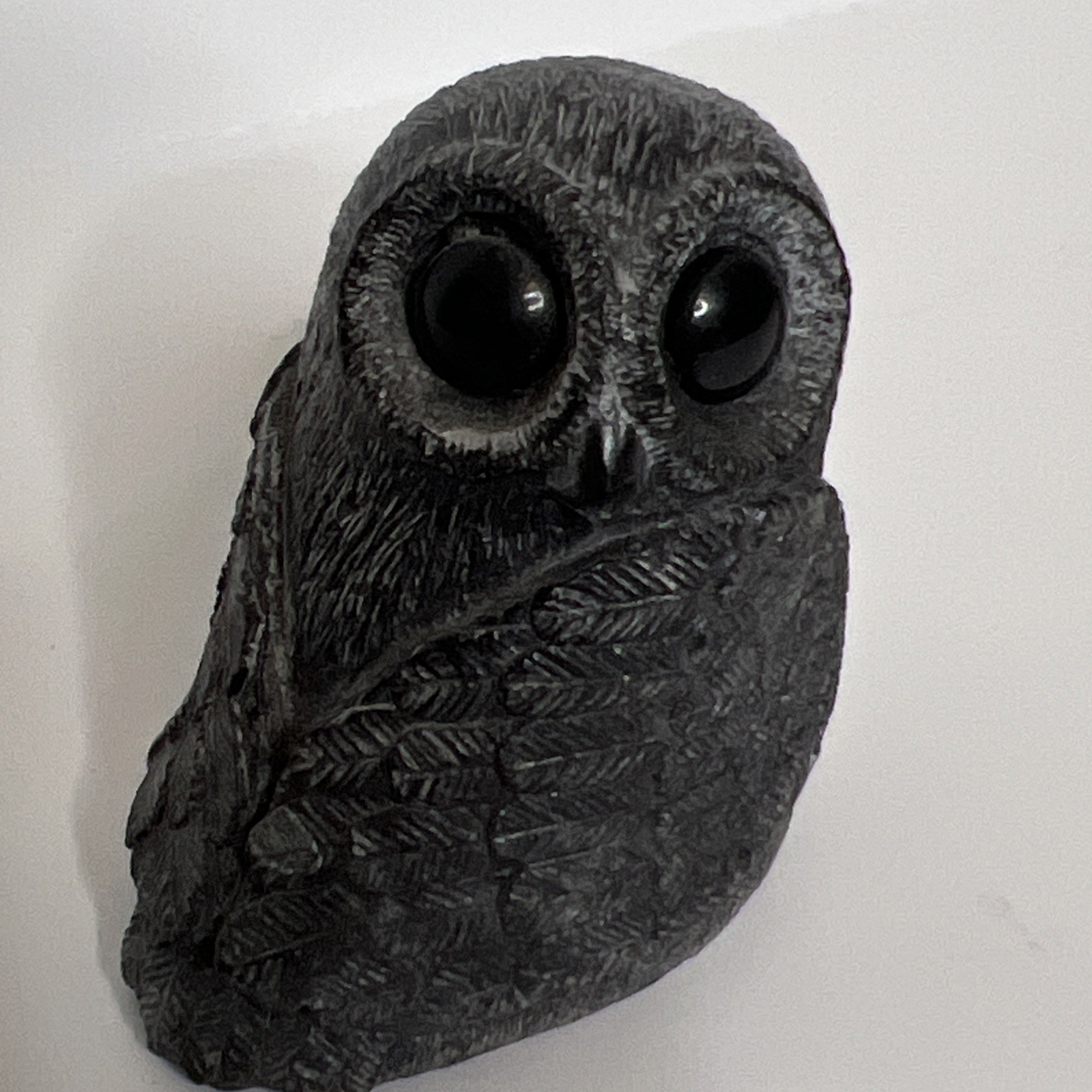 ⁠Vintage Miniature Resin Owl Figurine Glass Eyes Carved Feather Detail 2 Inches⁠