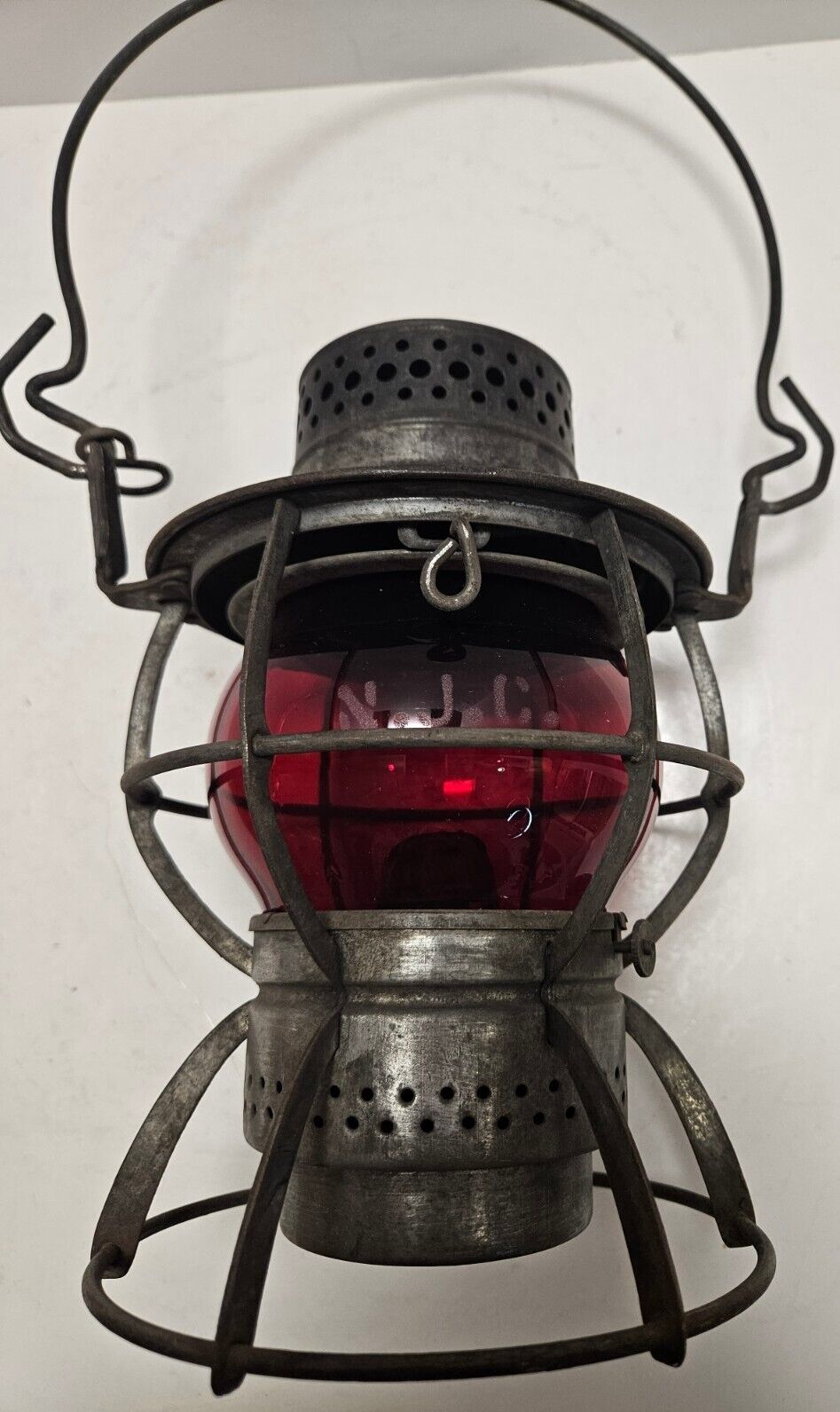 Antique NJC (New Jersey Central RR) DRESSEL Etched RED GLOBE Railroad RR Lantern