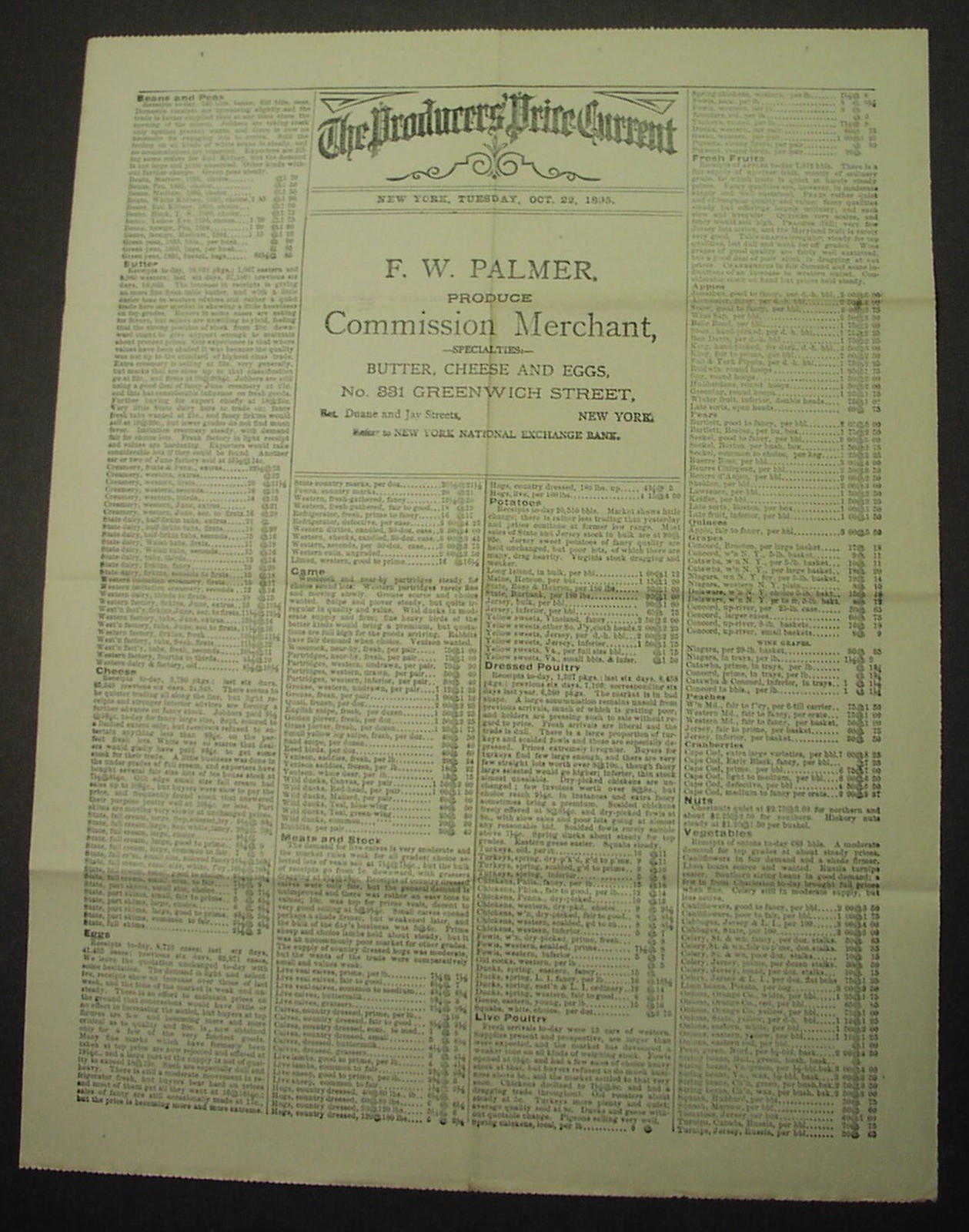 1895 New York City handbill: food, produce prices; Palmer, Greenwich St merchant