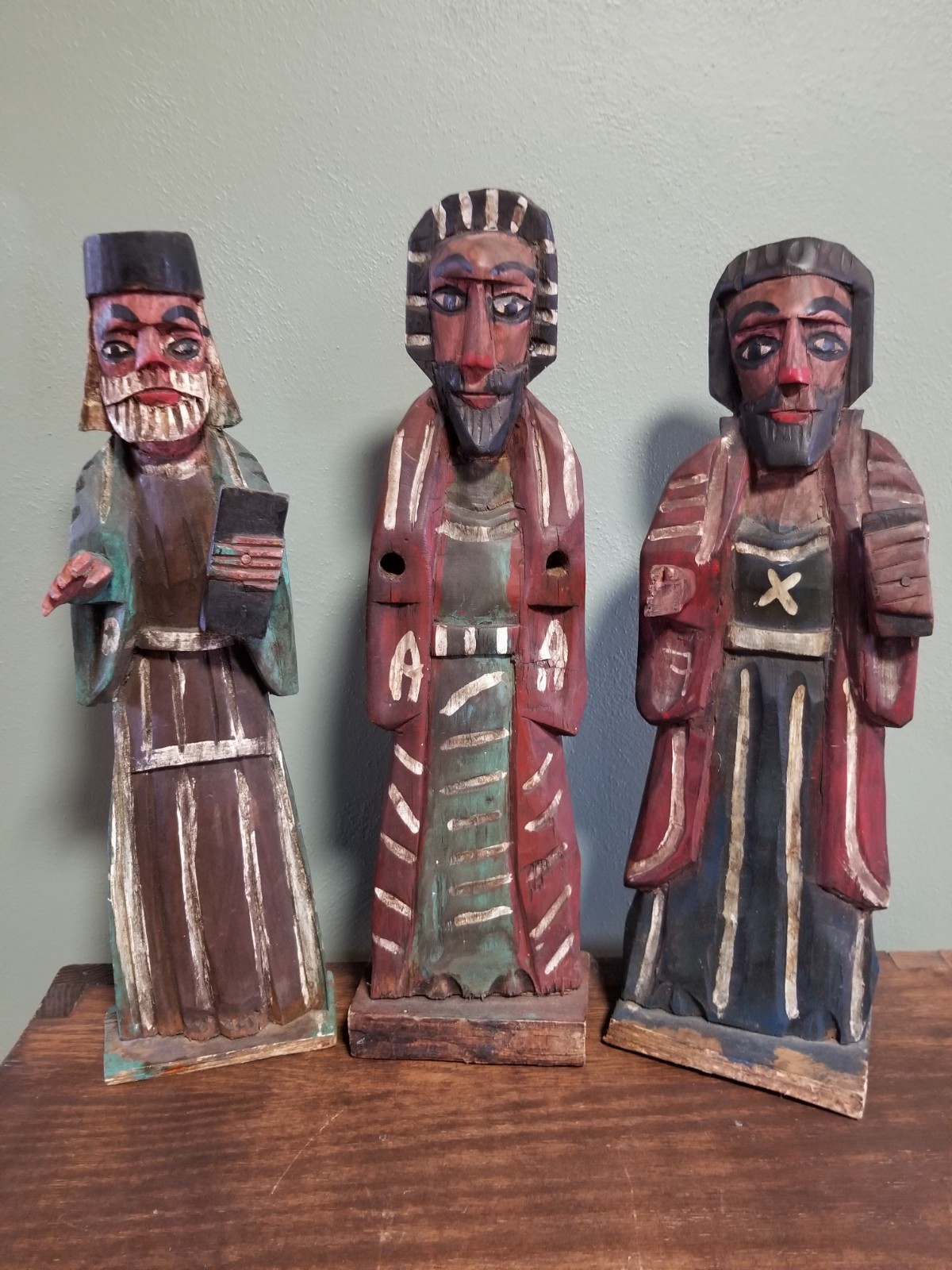 Hand Carved Guatemalan Wooden Santos, Three Wise Men Religious Folk Art 15-16\