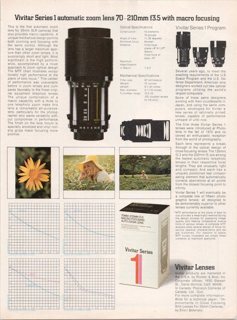 Vivitar Series 1 70-210mm f3.5 Macro Focusing Zoom Lens 1975 Print Ad