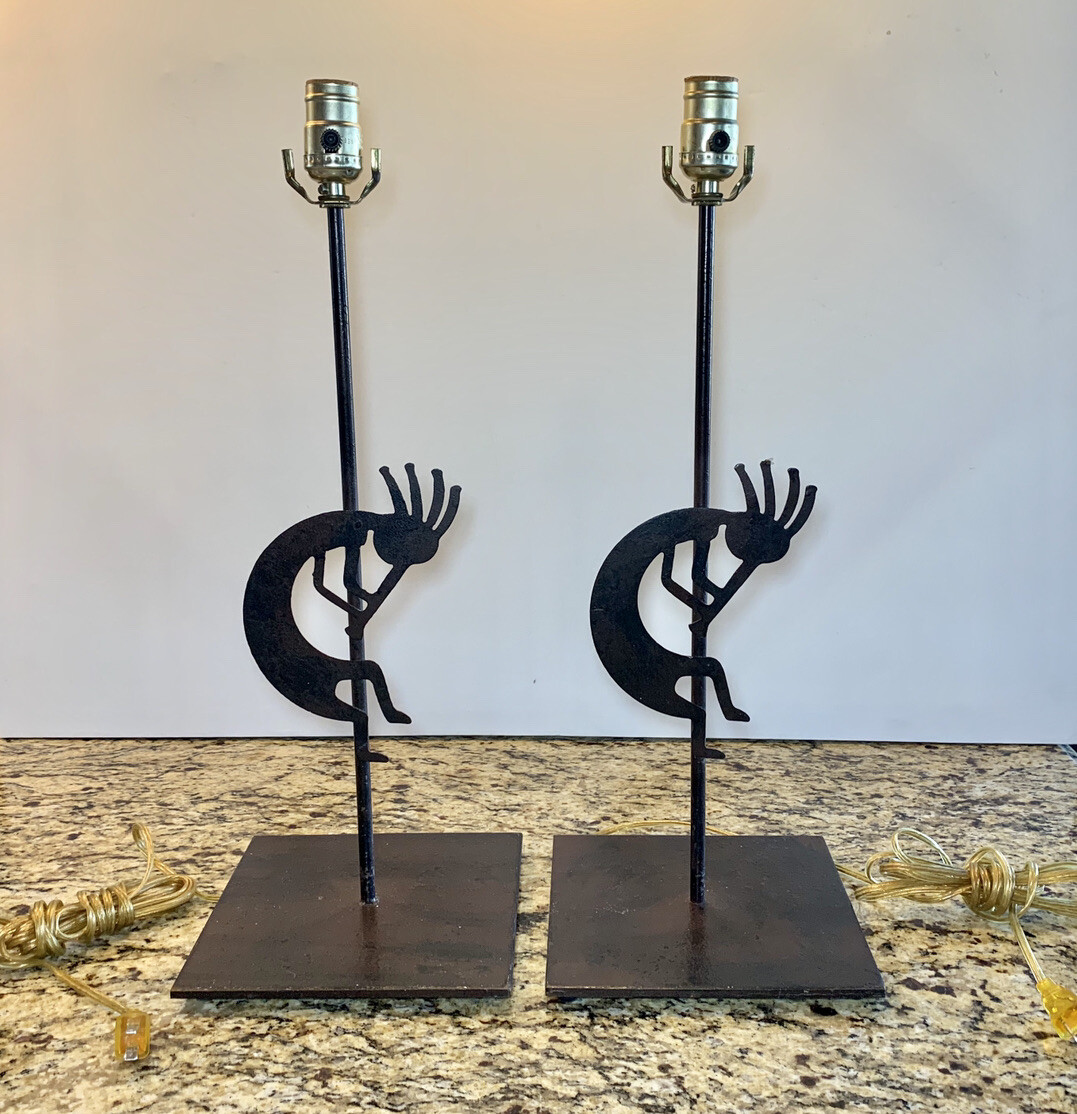 Pair Of Metal Art Kokopelli Southwest Table Lamps Lights Art Decor Rust Patina