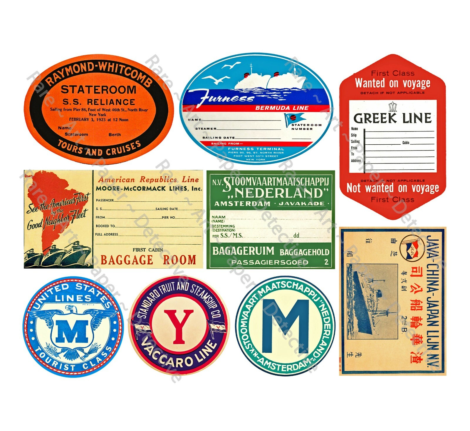 9 STEAMER TRUNK LUGGAGE STICKERS & Baggage Tags, 1 Sheet, Travel REPRODUCTIONS