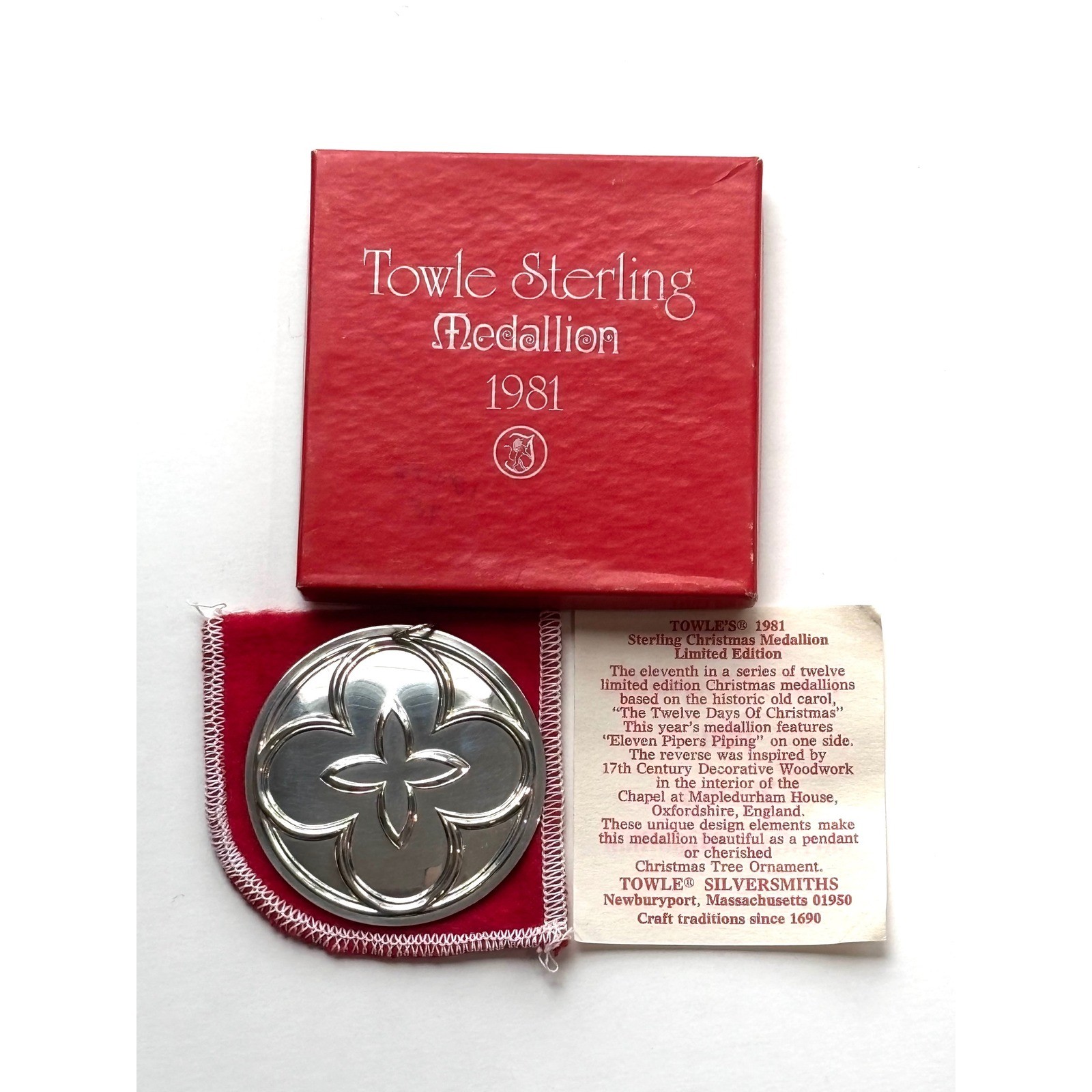 Towle Sterling Silver 1981 Christmas Medallion Eleven Pipers Piping Pendant Box Towle Sterling Silver 1981 Christmas Medallion Eleven Pipers Piping Pendant Box