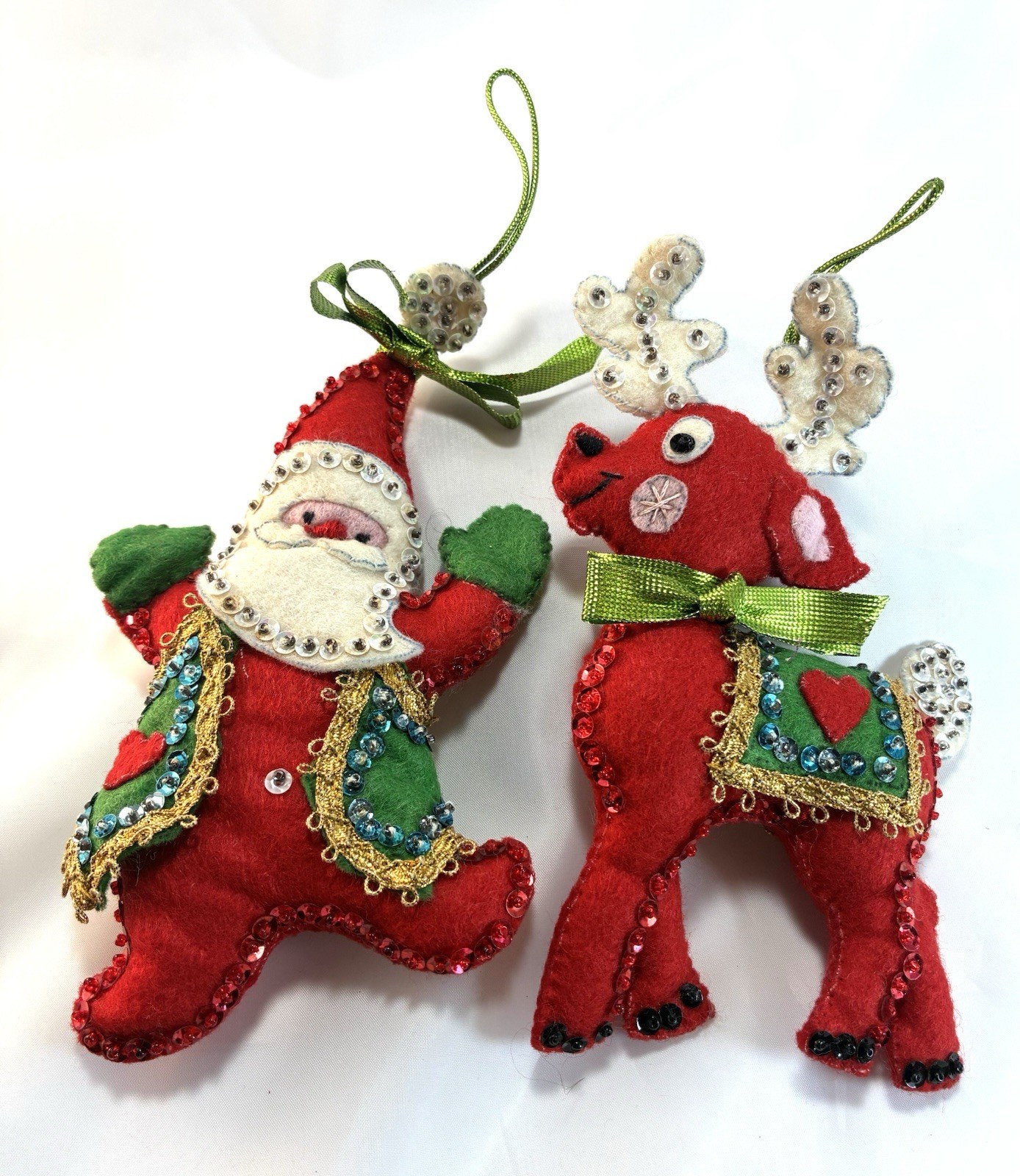 Vtg Kit Made Bucilla Santa & Reindeer Felt Jeweled Sequin Christmas Ornaments