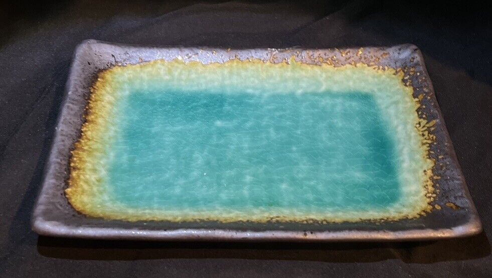 Kotobuki Japan Sushi Plate Crackle Glaze Stoneware Turquoise Rectangular 8”x5”