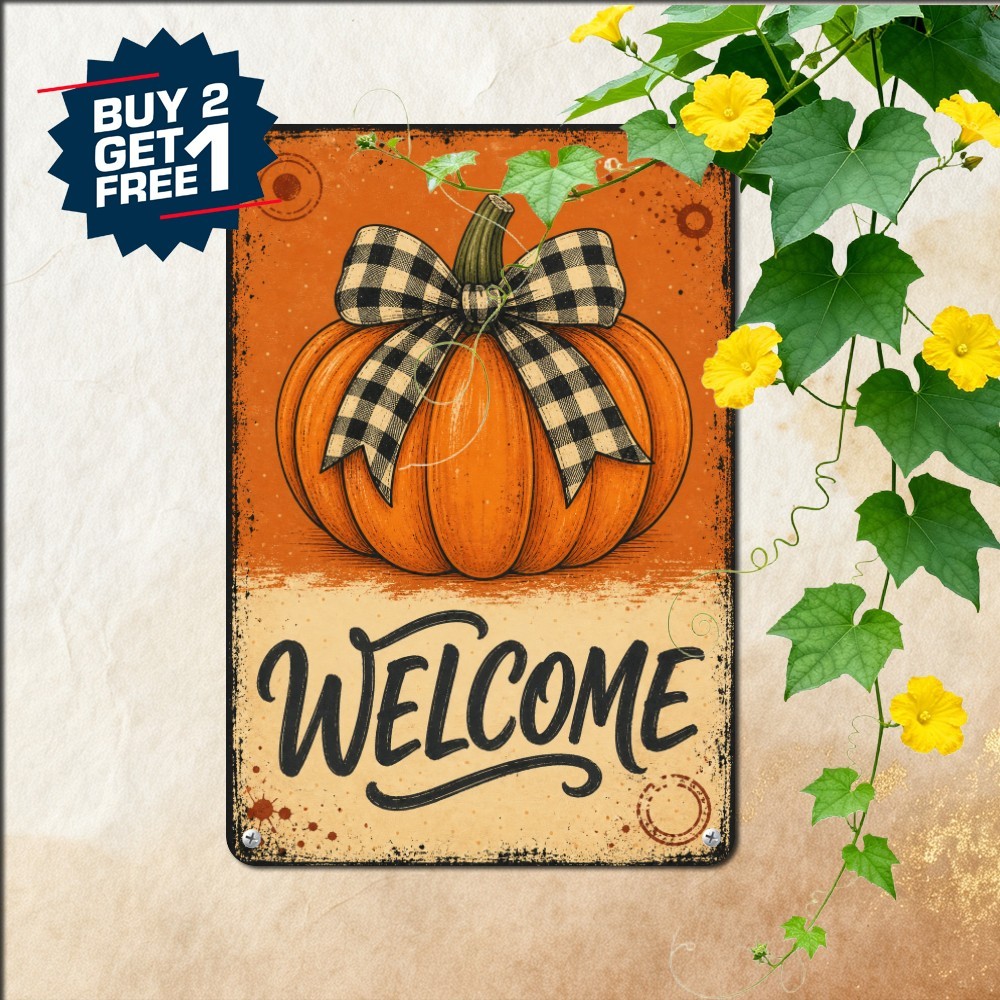 Autumn Welcome Sign Orange Pumpkin Distressed Plaque Retro Metal Tin Sign