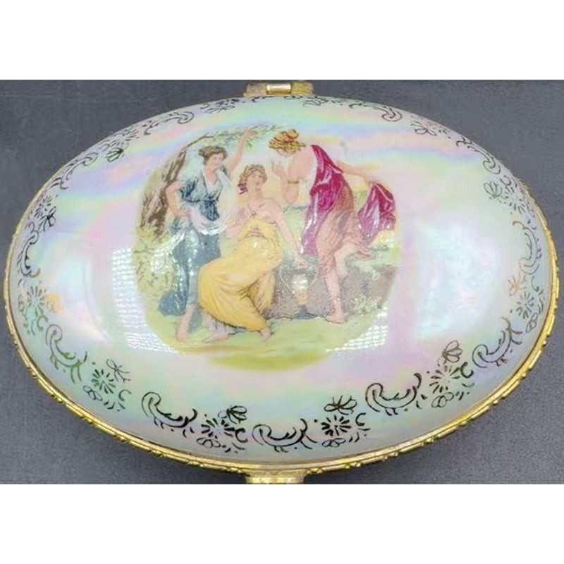Vintage Porcelain Lusterware Trinket Box Oval Classical Scene Gold Heart Clasp