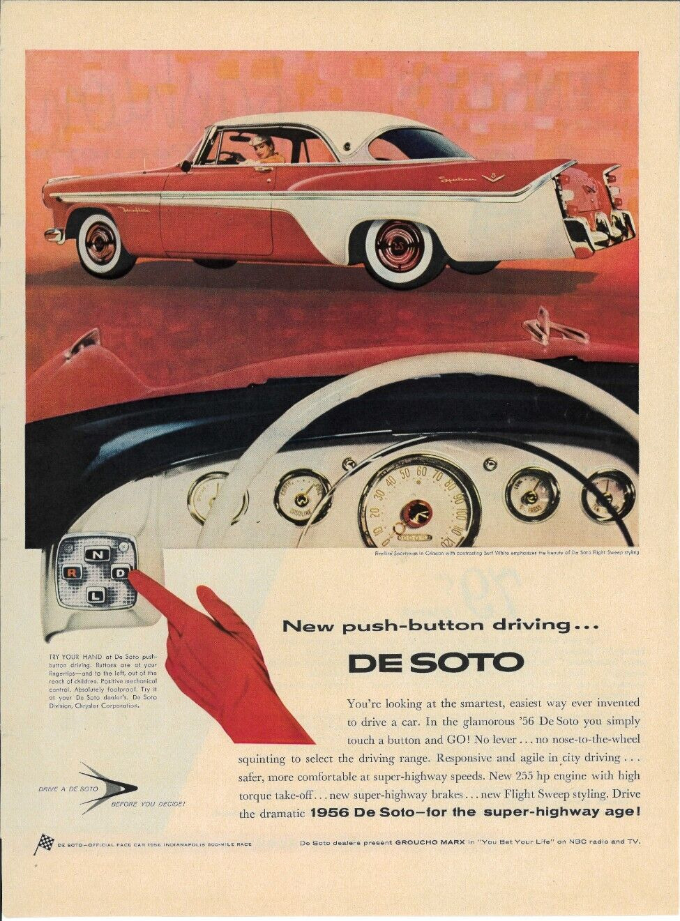1956 DE SOTO Sportsman Crimson White Automobile Push Button Vintage Print Ad