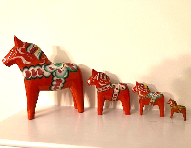 Lot Four Vintage Swedish Orange Dala Horse Figures: 6.75\