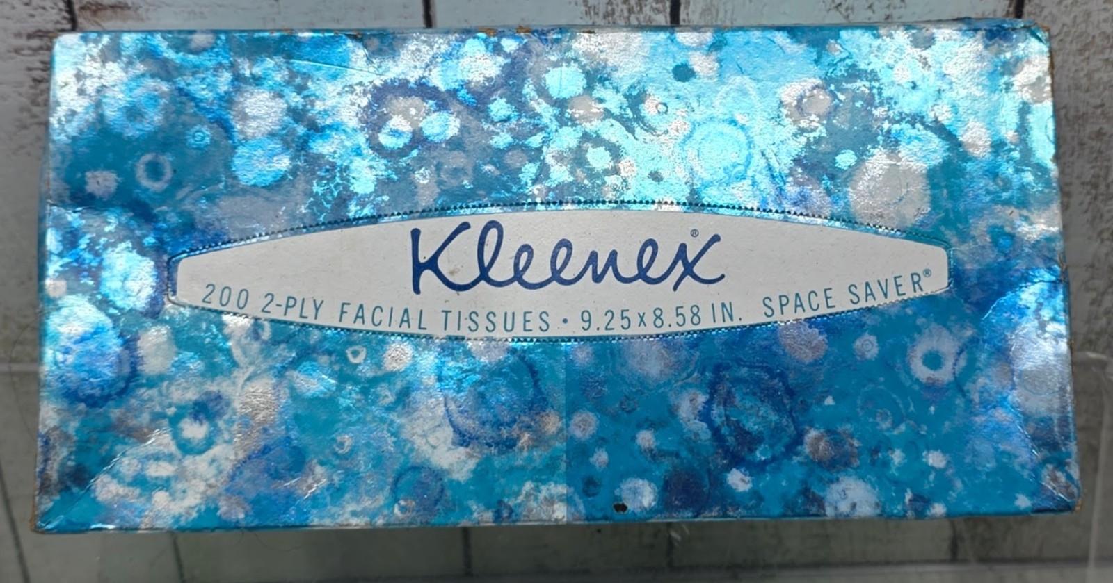 Vtg 1969 Kleenex Space Saver Tissue Box Foil Metallic Blue Splatter MCM Sealed