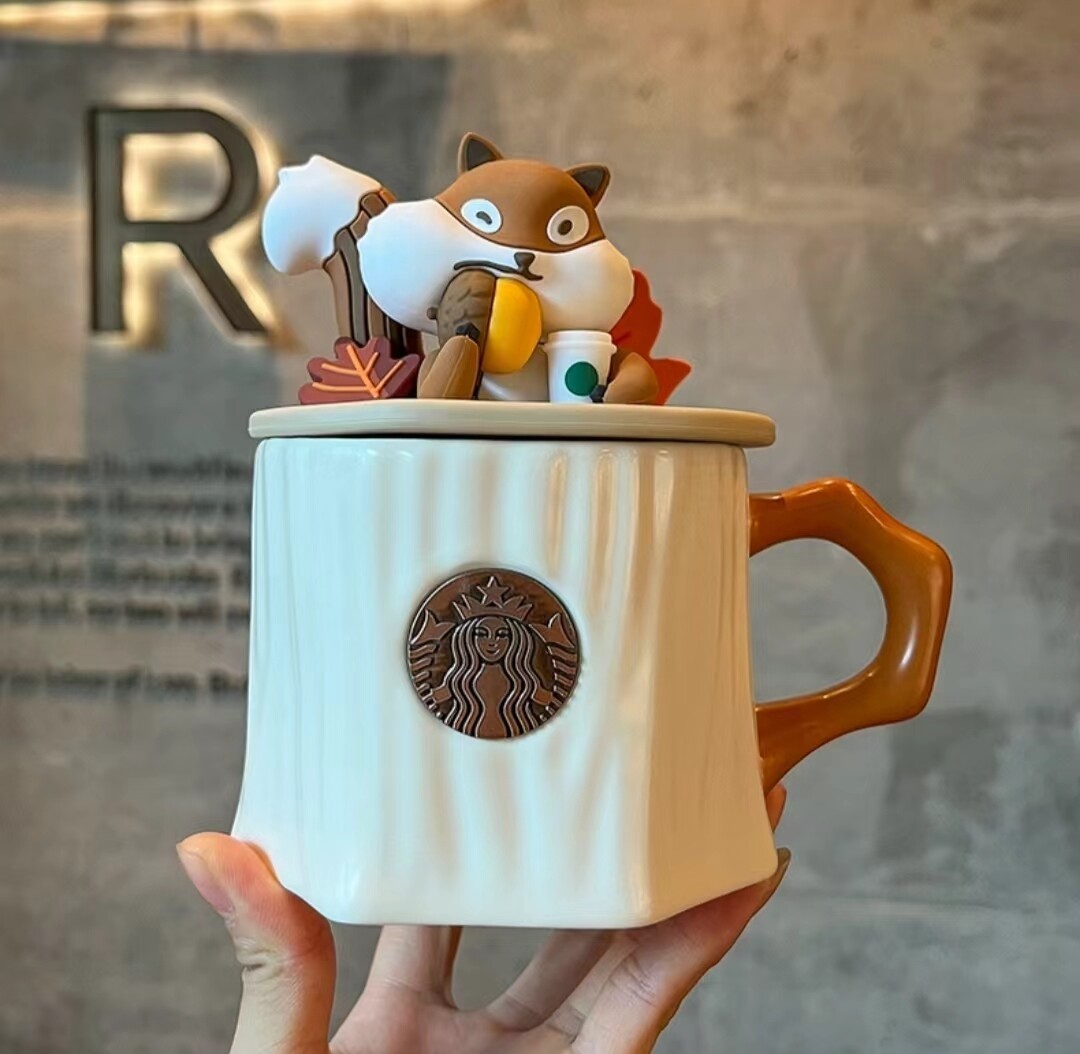 Starbucks Cute Squirrel Stump Maple Leaf Cartoon Ceramic Mug w/ Lid, Gift Lovely