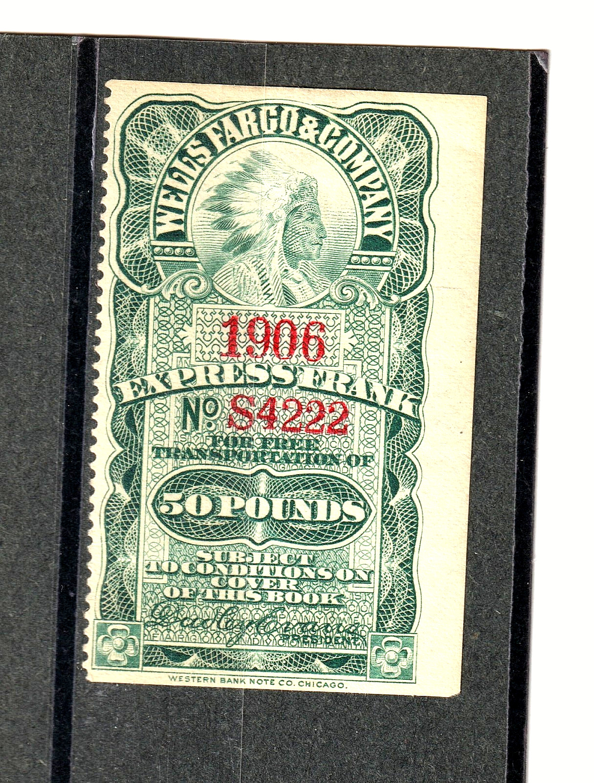 1906 Wells Fargo & Company 50 Pounds Express Frank Stamp, Native American Indian