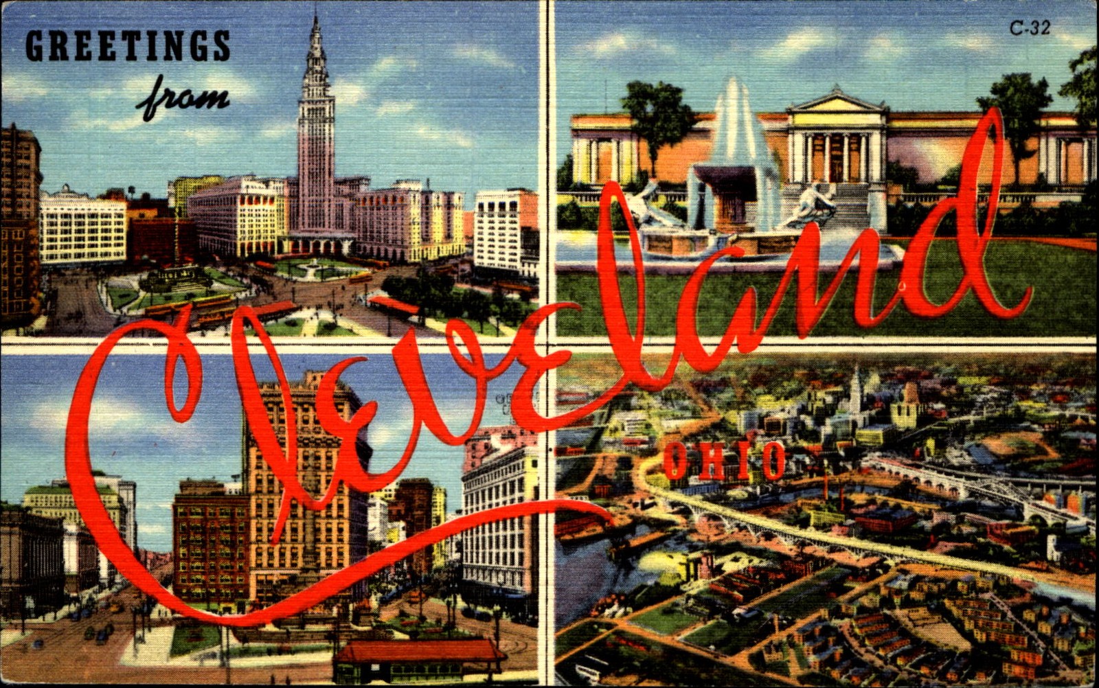 Greetings from CLEVELAND Ohio ~ script Large Letter Linen 1940s Greetings from CLEVELAND Ohio ~ script Large Letter Linen 1940s