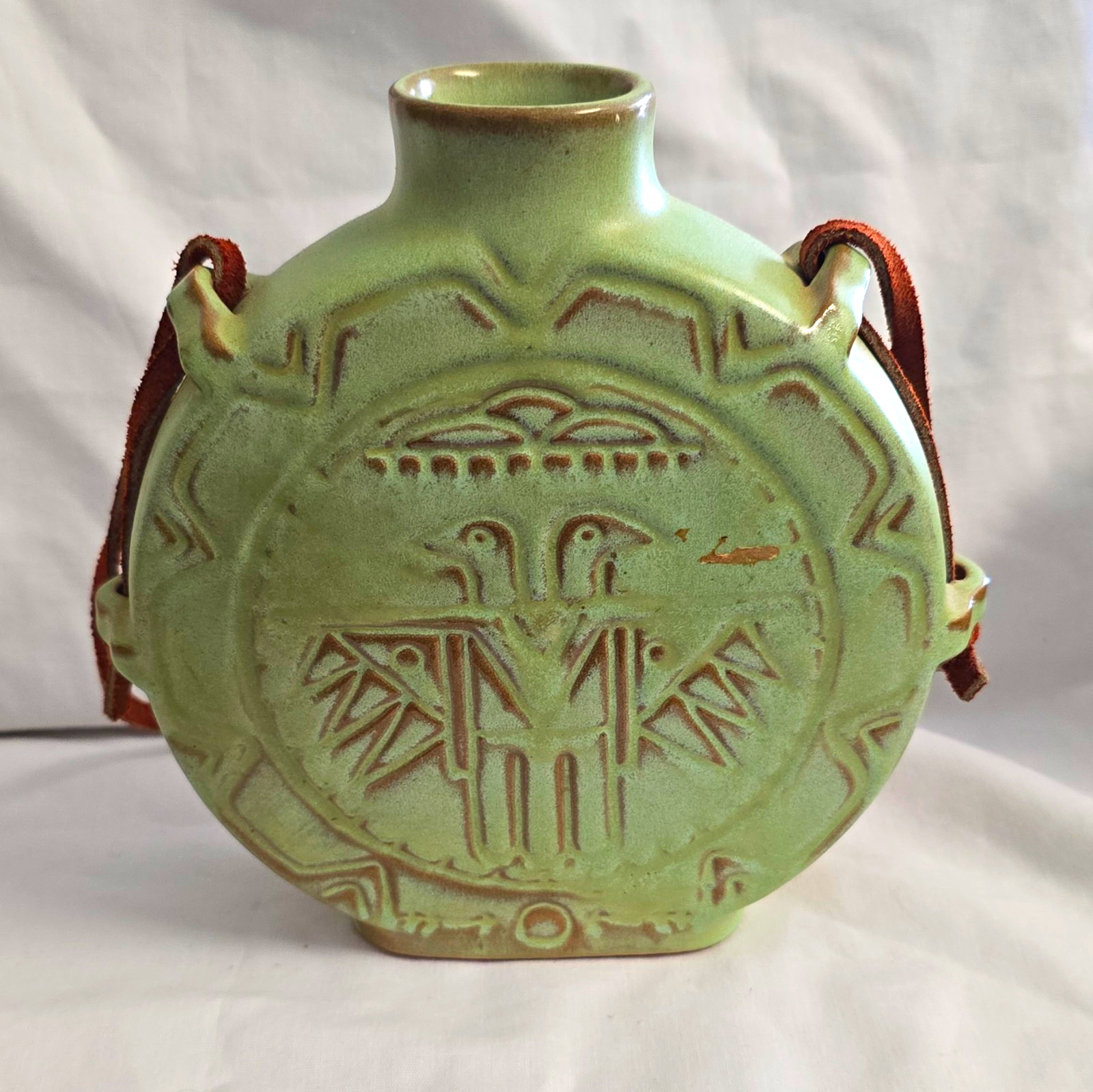 Frankoma Pottery Green Ceramic Flask Canteen w/ Leather Strap, Thunderbird