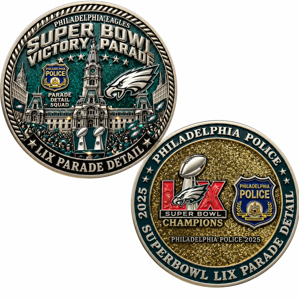 Philadelphia Eagles Super Bowl Victory Parade Police Coin 2 side Fan Souvenir