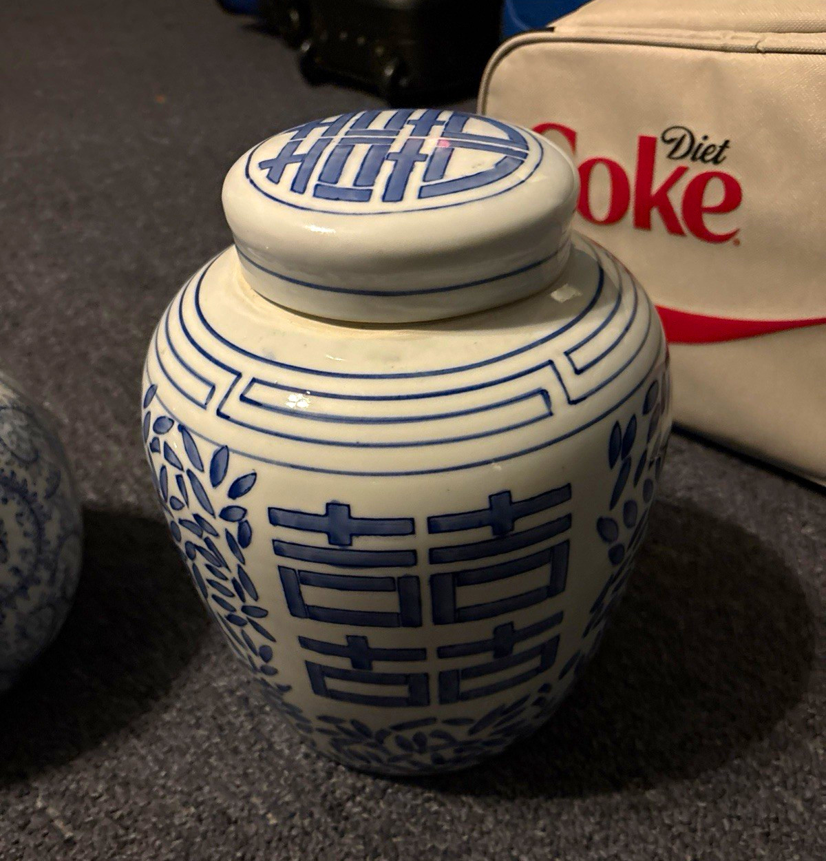 Chinese Blue & White Porcelain Lidded Ginger Jar Vase, Double Happiness
