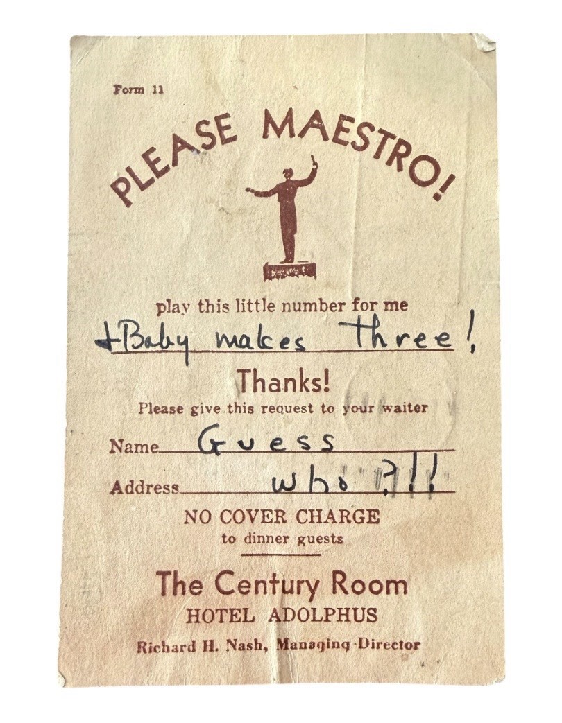 1940’s Music Request Post Card At Hotel Adolphus In Dallas Tx 