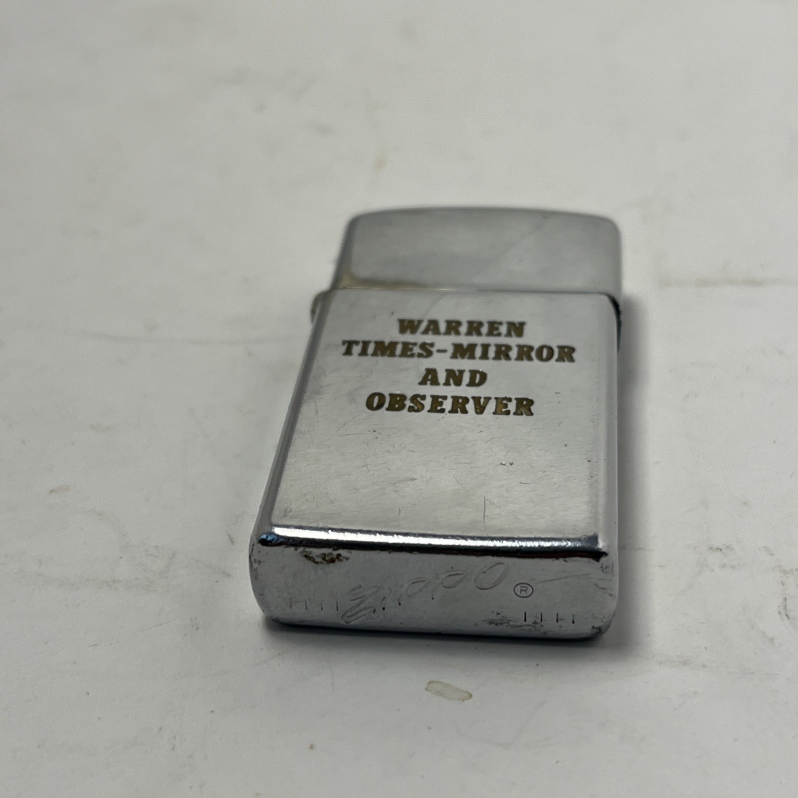 Vintage Chrome Slim Zippo Lighter - Warren Times-Mirror And Observer