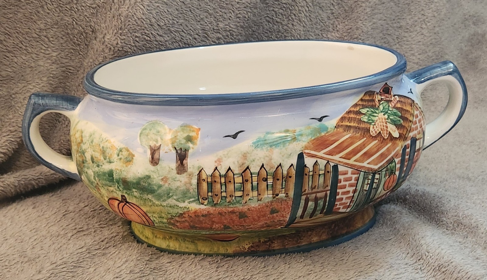 Vintage WCL Ceramic Soup Terrain Oval Fall Harvest Farm. Missing Lid Vintage WCL Ceramic Soup Terrain Oval Fall Harvest Farm. Missing Lid