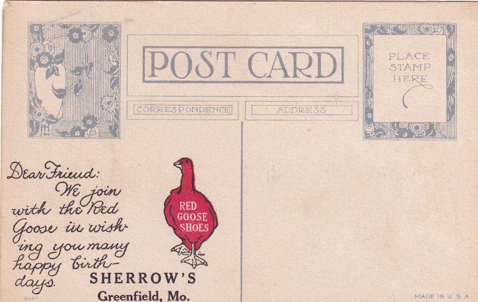 Greenfield Missouri MO Sherrow\'s Red Goose Shoes Advertising Postcard F13
