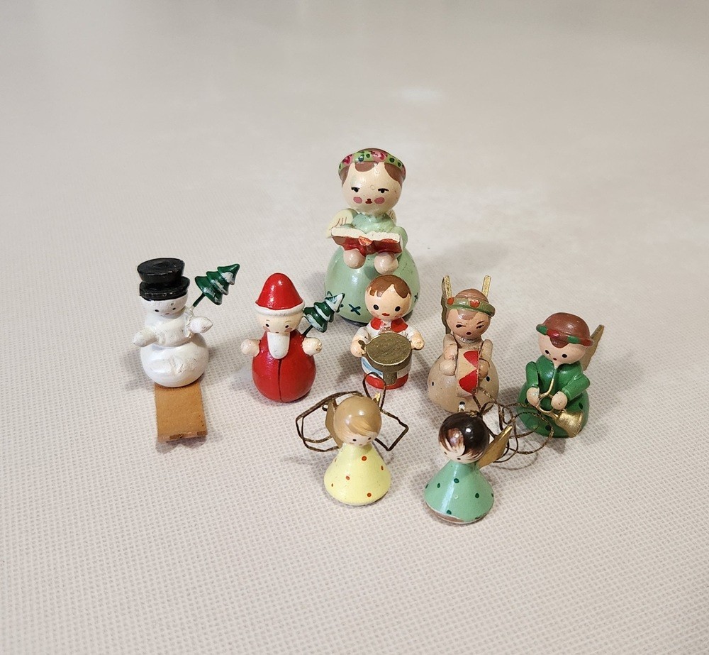 Vtg Italy Putz Wood Miniature Angels Santa Snowman Figurine Ornament Lot of 8