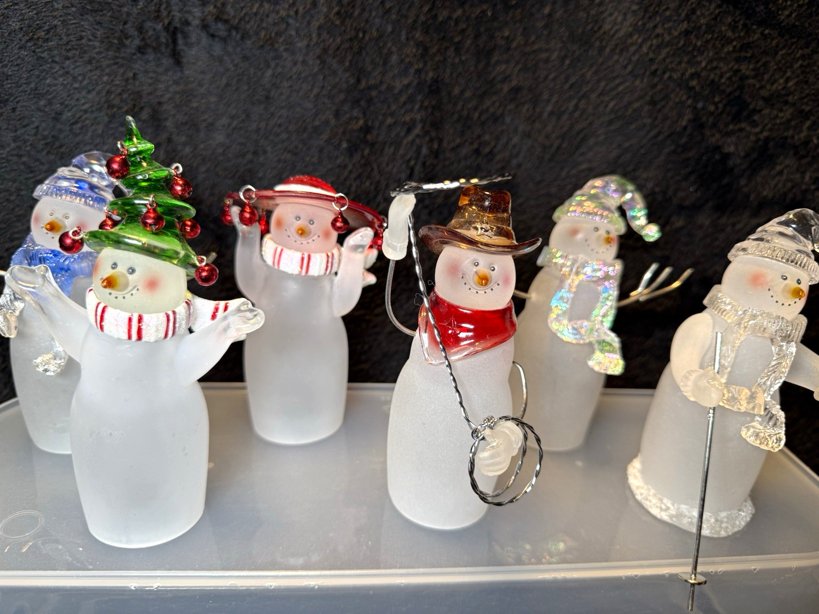 Vintage Set of 6 Frosted Glass-Crystal Snowman Figurines w/ Metal Wire Arms 5” Vintage Set of 6 Frosted Glass-Crystal Snowman Figurines w/ Metal Wire Arms 5”