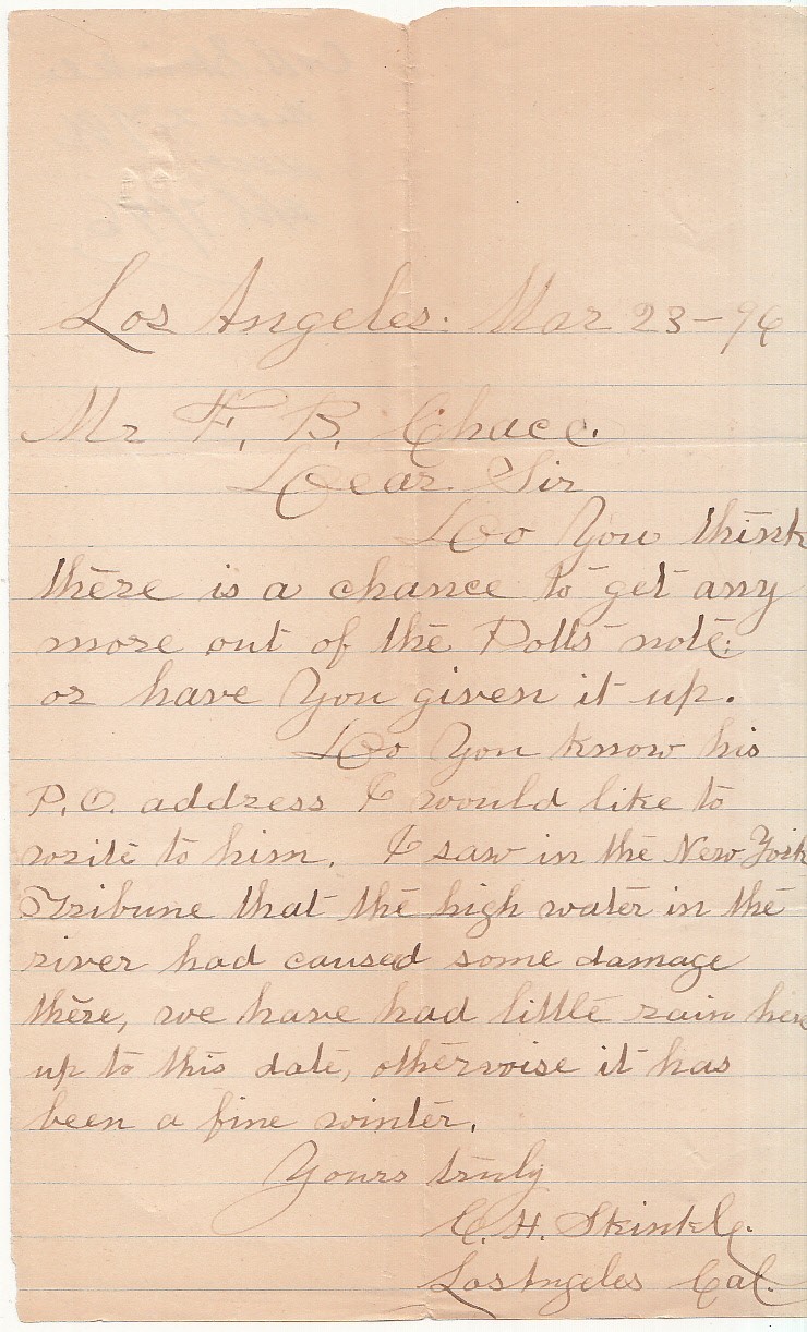 1896 Handwritten Signed Letter C.H. Skinkle Los Angeles CA