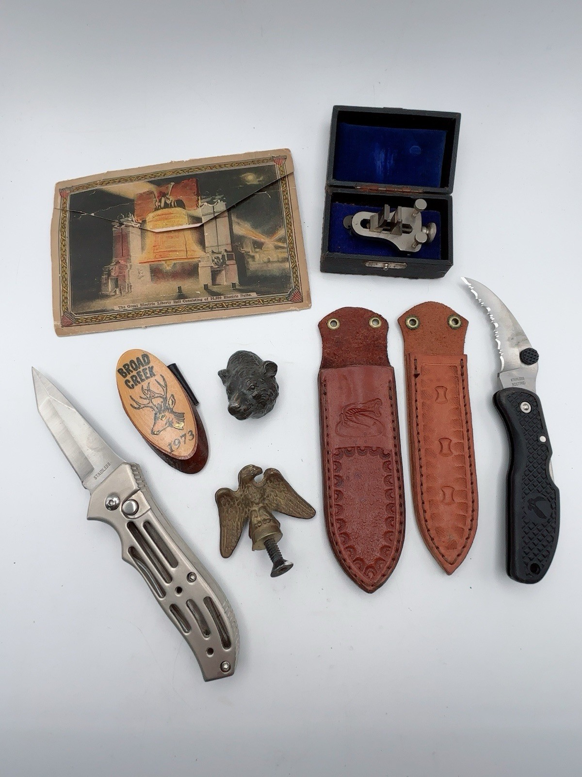 Mens Junk Drawer Lot Vintage Knife Leather Sheath Eagle Lamp Finial Poising Tool