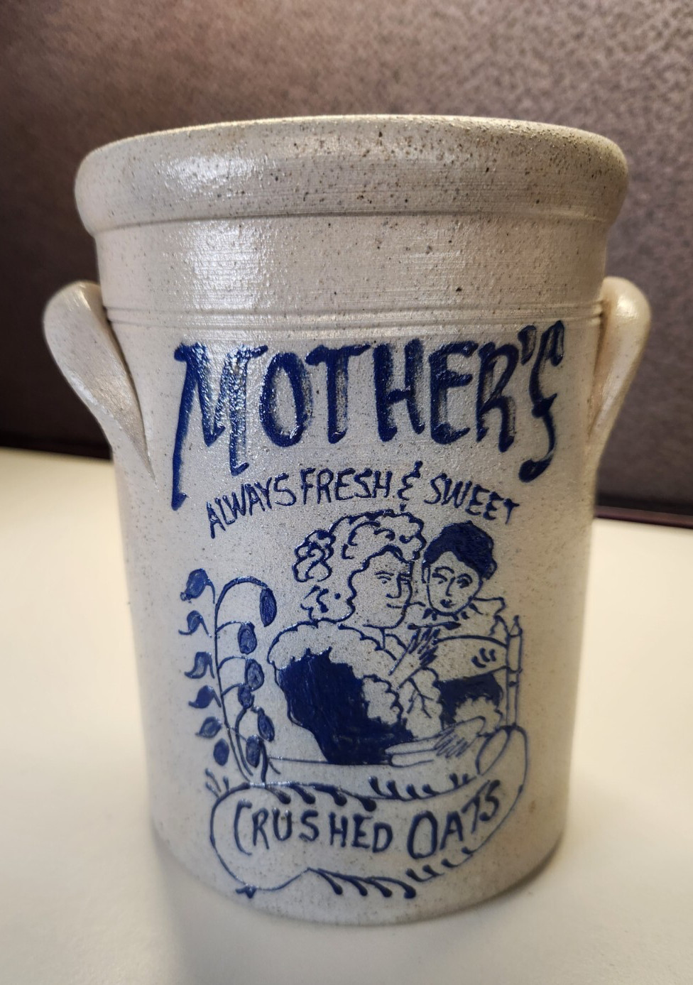 Rockdale Union Pottery Double Sided Quaker Mother's Oats Crock Salt Pottery Blue