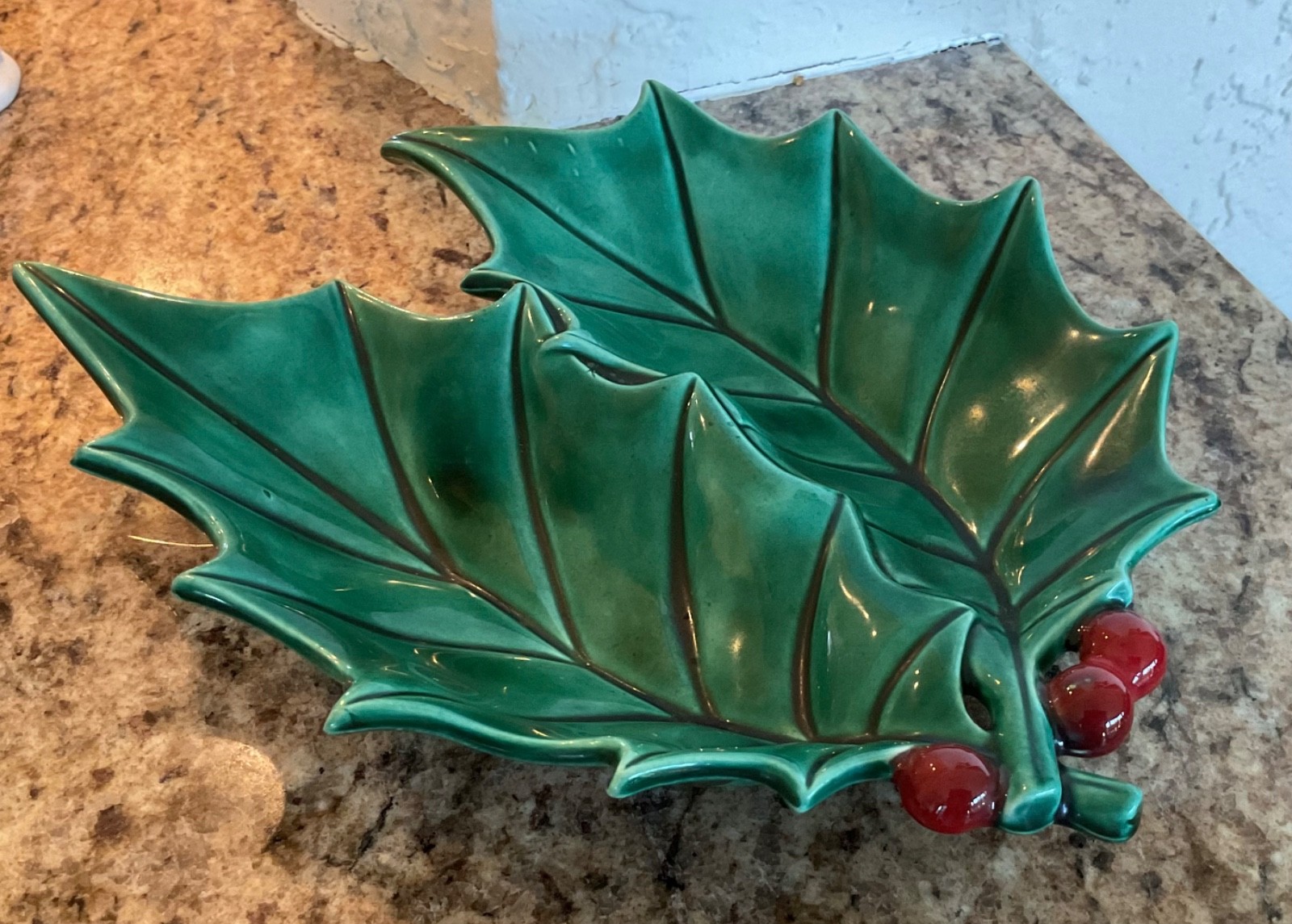 Vintage LEFTON  Green  Divided Holly Leaves/Berries Christmas Dish Bowl - HTF-EC