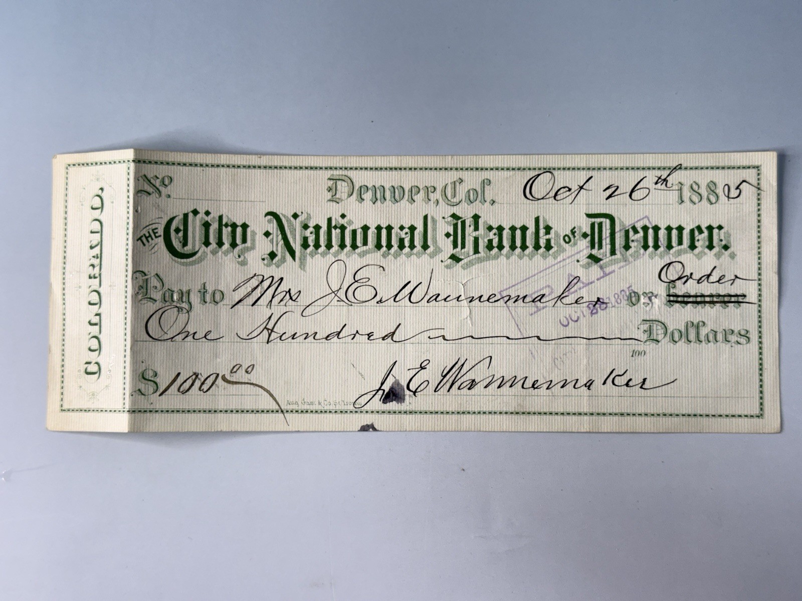 Colorado Pioneer Jonas E Wannemaker Signed Bank Check 1885 Denver