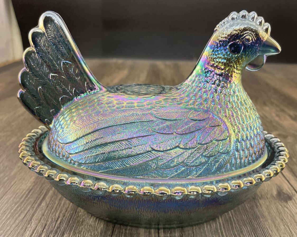 Vintage Indiana Carnival Glass Chicken Hen on Beaded Nest Blue Candy Dish 7\