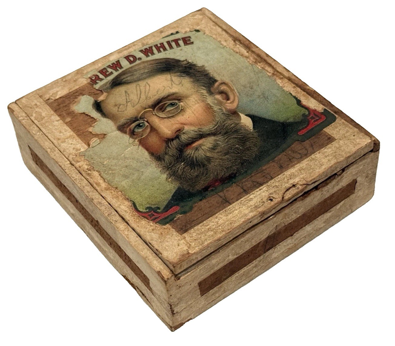 ANTIQUE 1900s ANDREW D. WHITE CIGAR BOX HARKERT CIGAR CO DAVENPORT IOWA (2D)