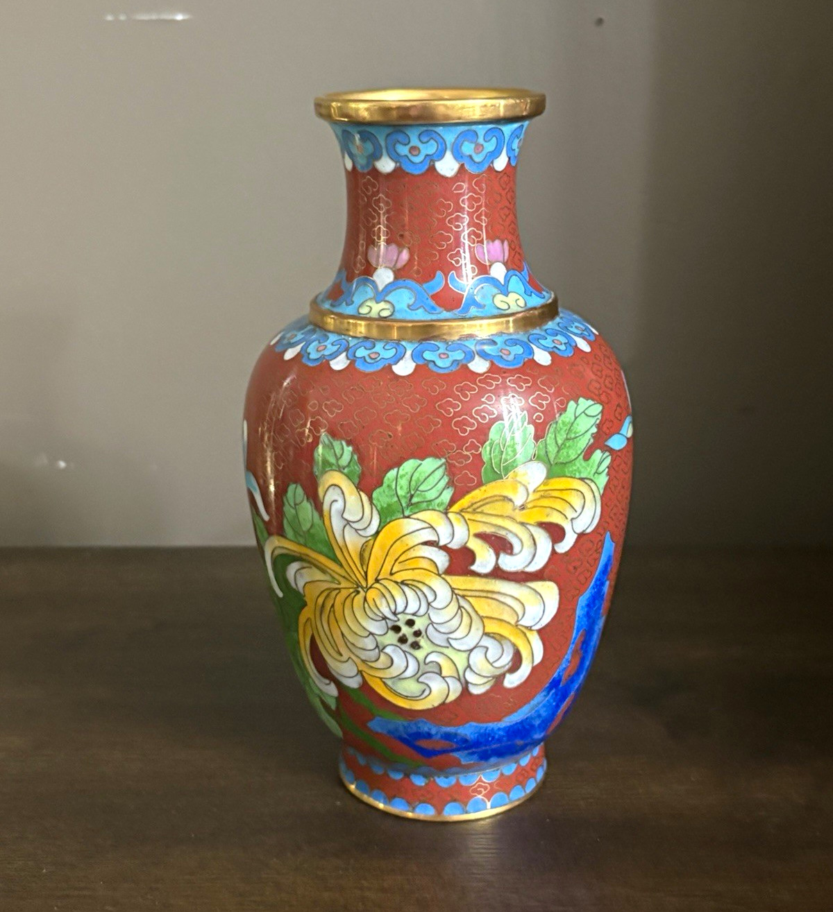 Cloisonne Enamel Metal Bottle Vase, Hand Painted Red Floral, Gold Trim Cloisonne Enamel Metal Bottle Vase, Hand Painted Red Floral, Gold Trim