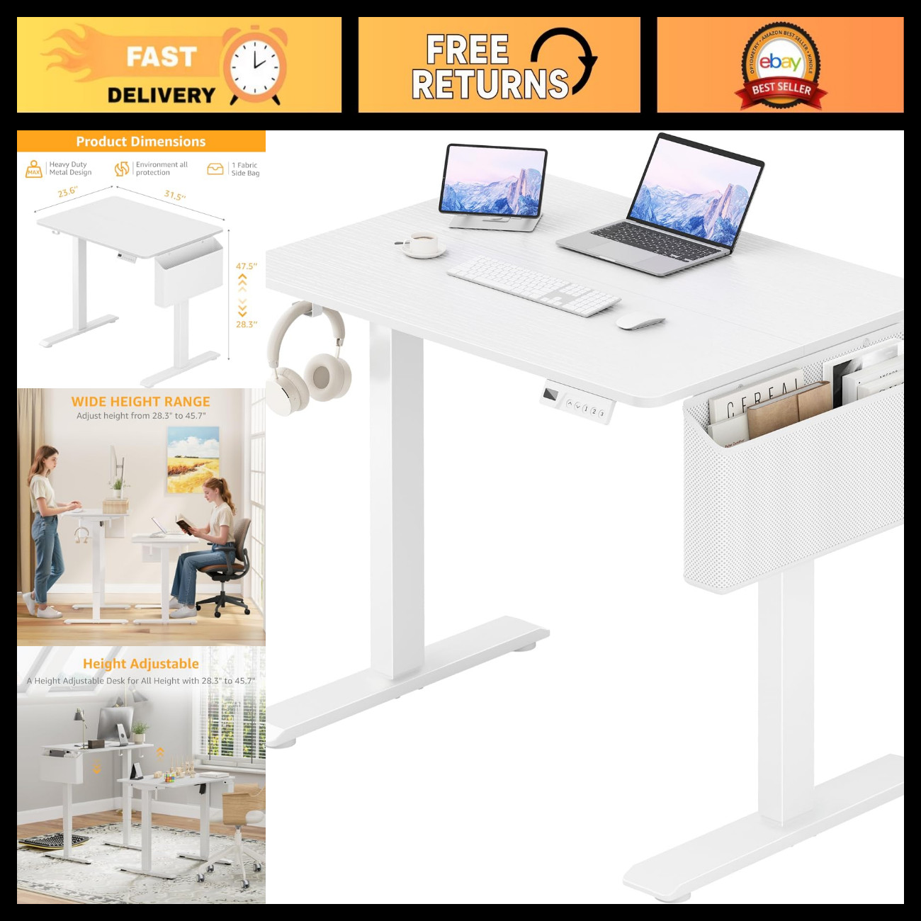 KLUVIS White Electric Standing Desk - 32 Inch Small Adjustable Height Stand up D
