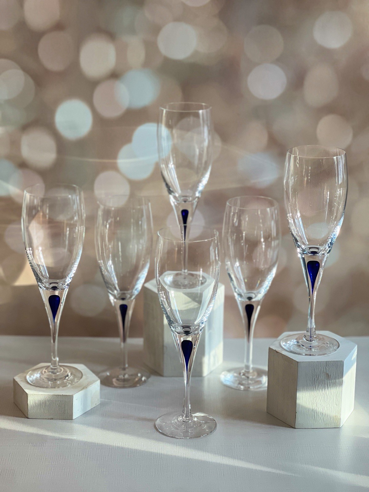Orrefors Sweden Clear Champagne Flutes Blue Teardrop Stem Accent Set of 5