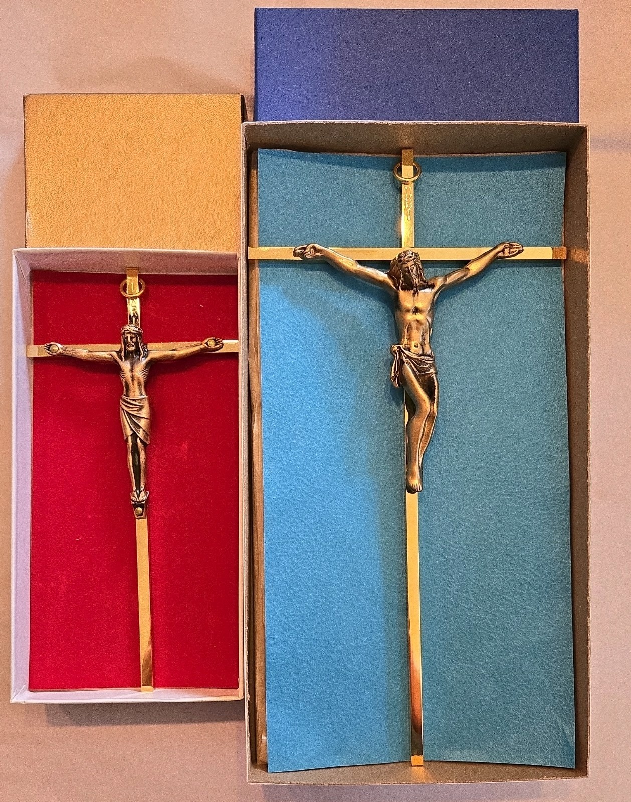 TWO VTG Mid Century Brass & Bronze Wall Minimalist Crucifix 10” & 7” W/ Boxes