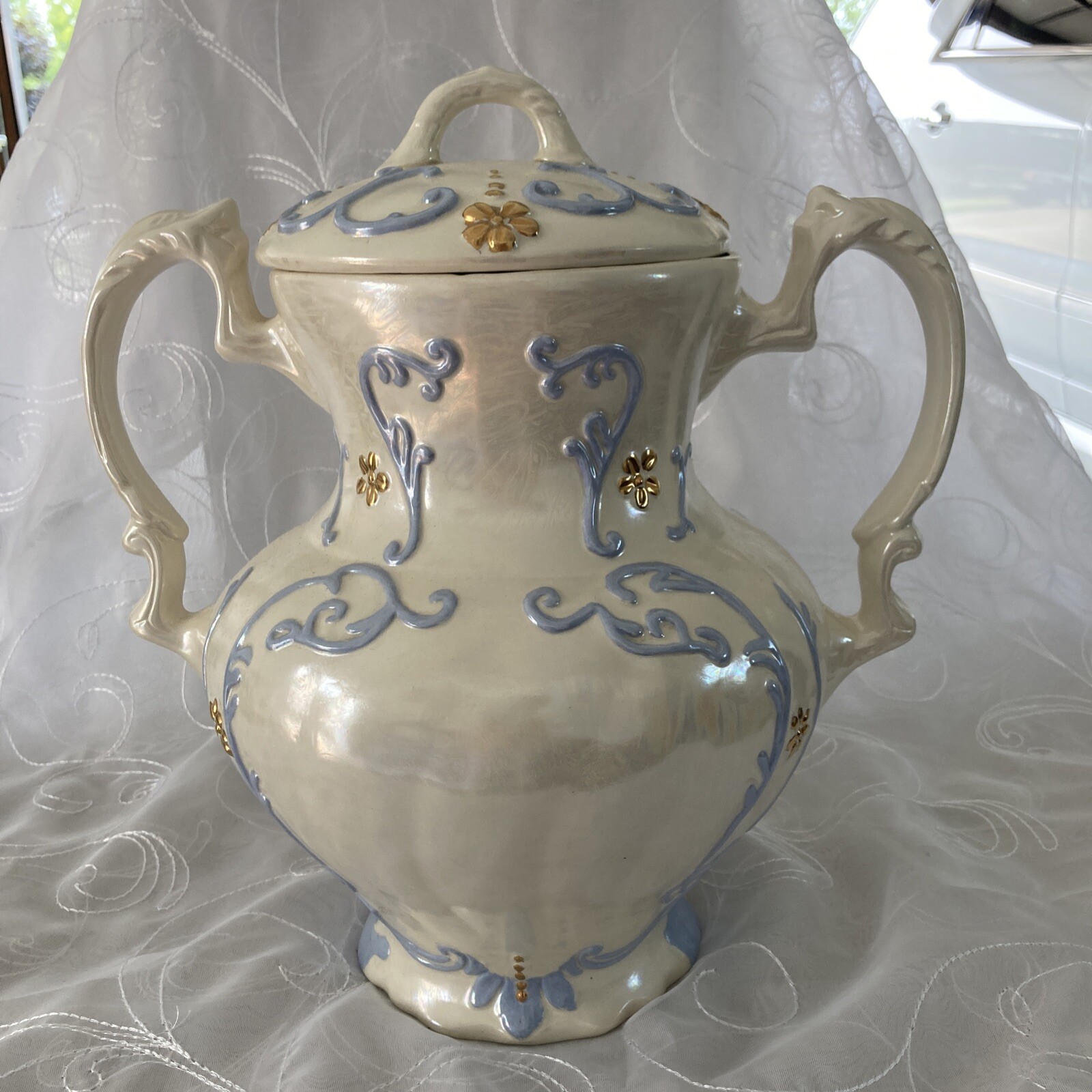Ceramic Pearlized Opalescence Vase with Handles and Lid 12” x 12”