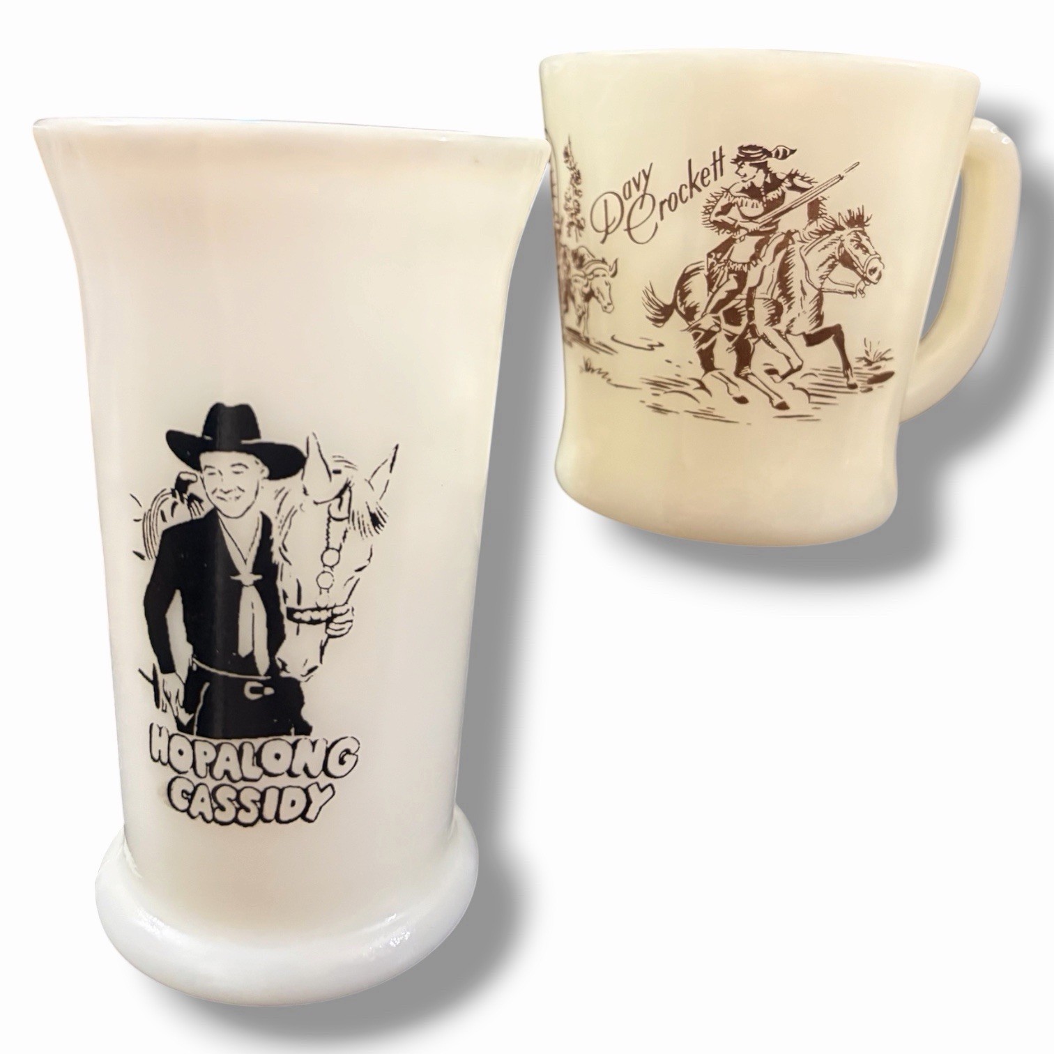 Vintage Hopalong Cassidy Davy Crockett Milk Glass Mug Tumbler Pair 1950s Western