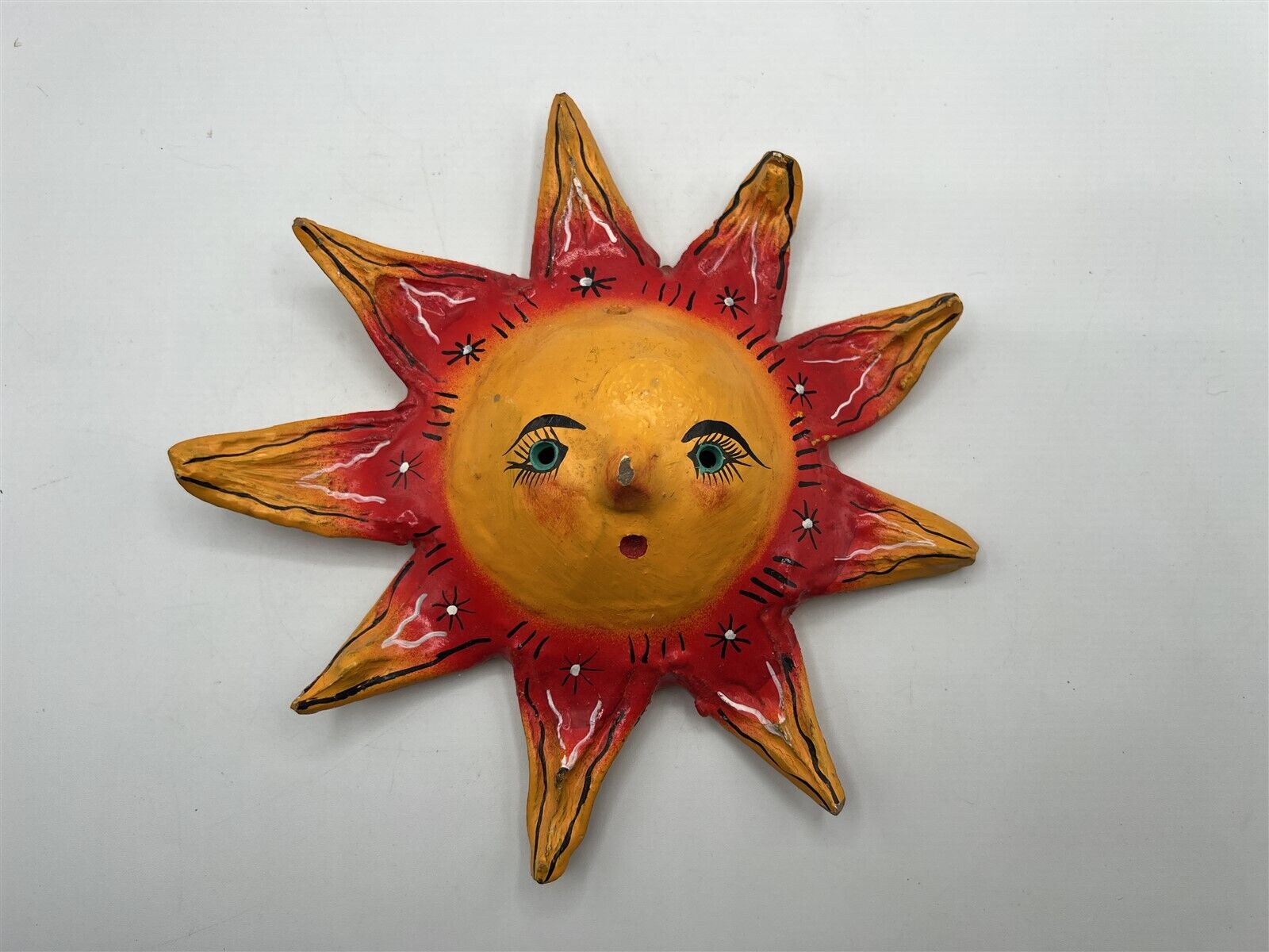 VINTAGE MEXICAN FOLK ART SUN WITH FACE HAND PAINTED COCONUT SHELL