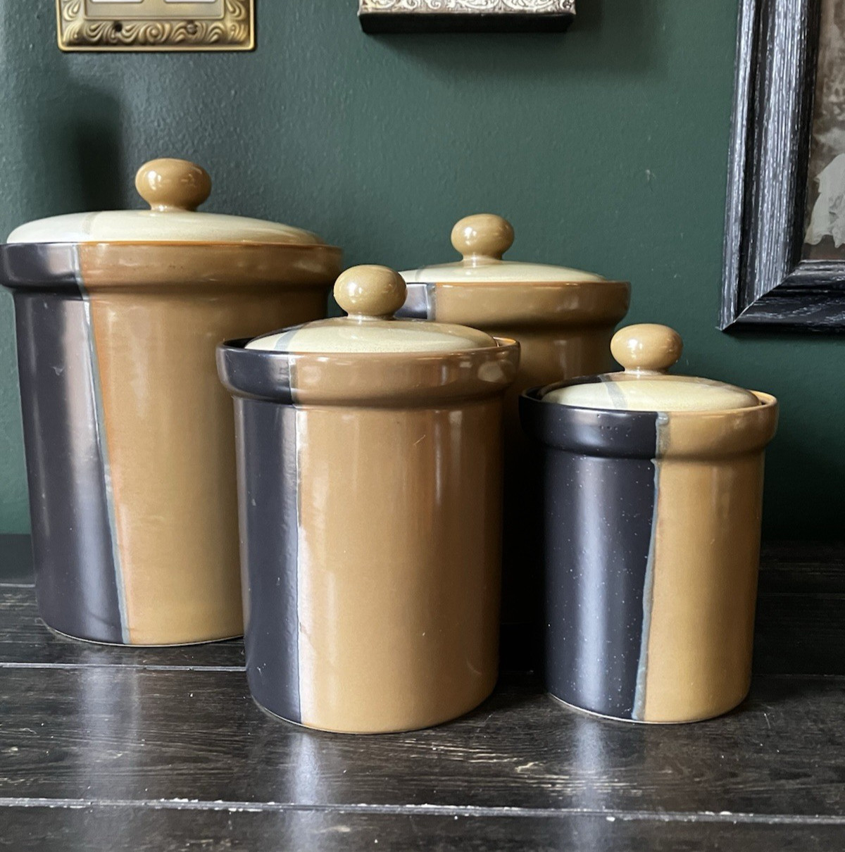 Vntg Y2K  Sango Gold Dust Black Canister Set 4 Pc Ceramic Nesting Kitchen Jars