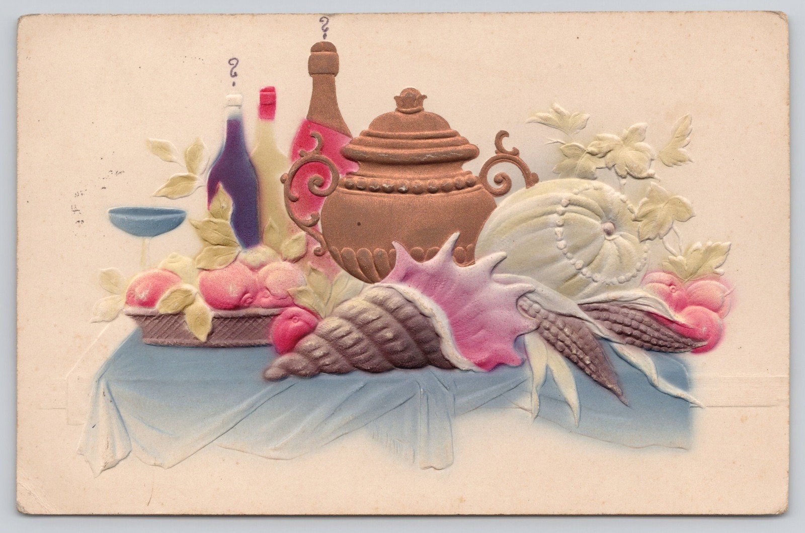 Antique 1908 Embossed Still Life - Conch Shell - Bottles Langsdorf Posted