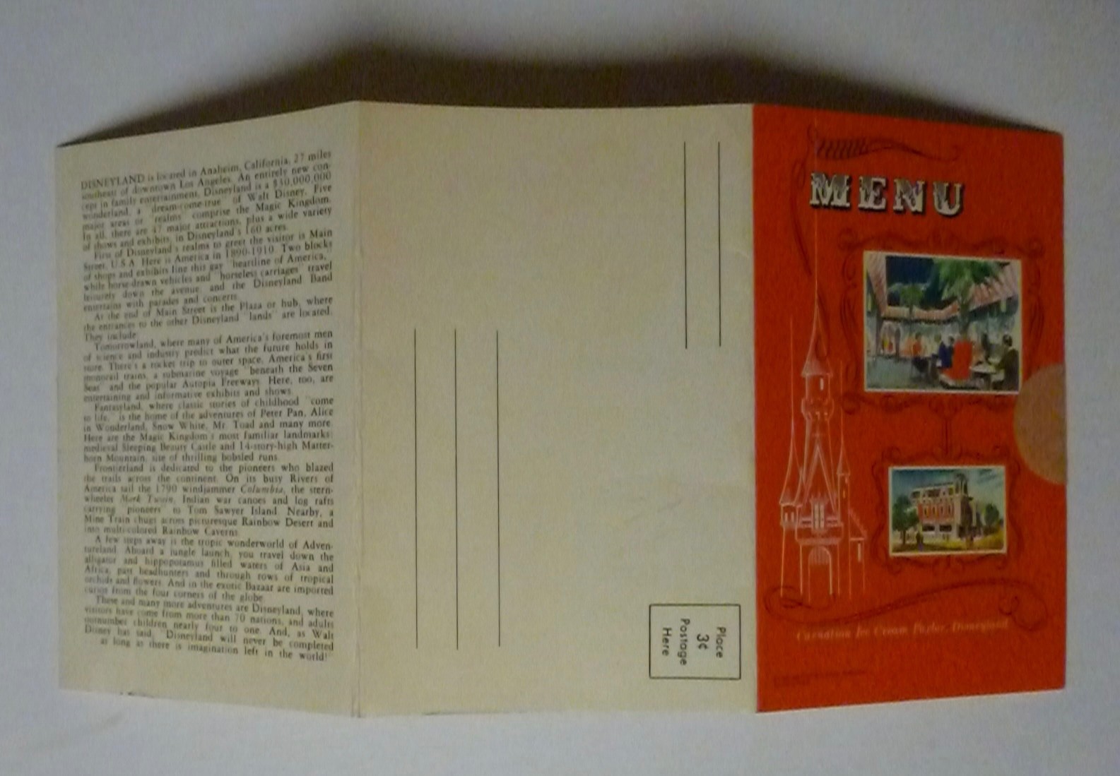 1959 Menu Disneyland Carnation Ice Cream Parlor Pavilion Postcard Mailer trifold